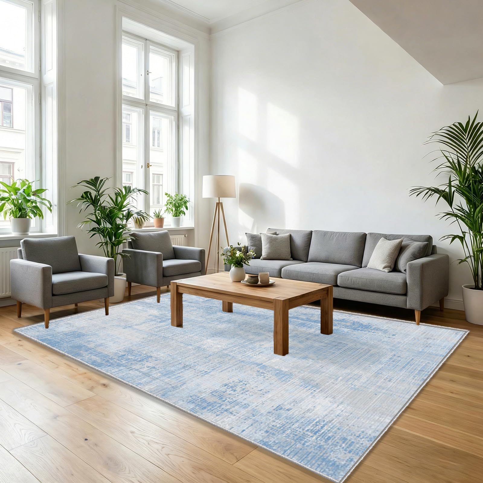 WUTONG Washable Blue Rugs for Bedroom 140x200cm,Abstract Area Rug,Modern Distressed Living Room Carpet,Non-Slip Soft Mid-Size Rug for Dining Room,Home Office