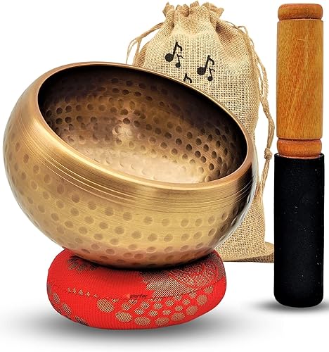 Juego de cuencos tibetanos de latón macizo hecho a mano, meditación, atención plena, yoga, curación espiritual y alivio del estrés (dorado, grande)