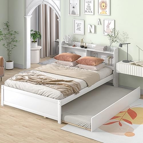 Miniatura 10 de P PURLOVE Cama de plataforma de madera con 2 cajones de almacenamiento doble plataforma marco de cama sin necesidad de sombreado (Doble 2 camas,