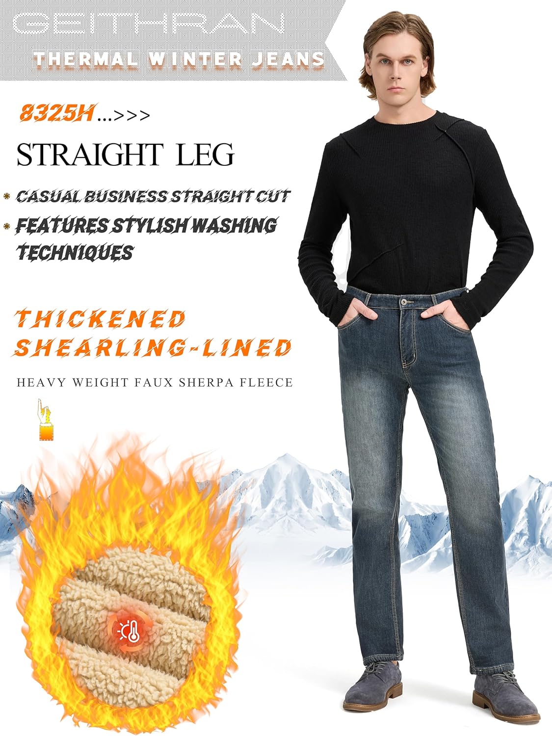Men's Sherpa Fleece Lined Jeans Winter Thermal Pants with Stretch Denim Business Casual Straight - Image 2