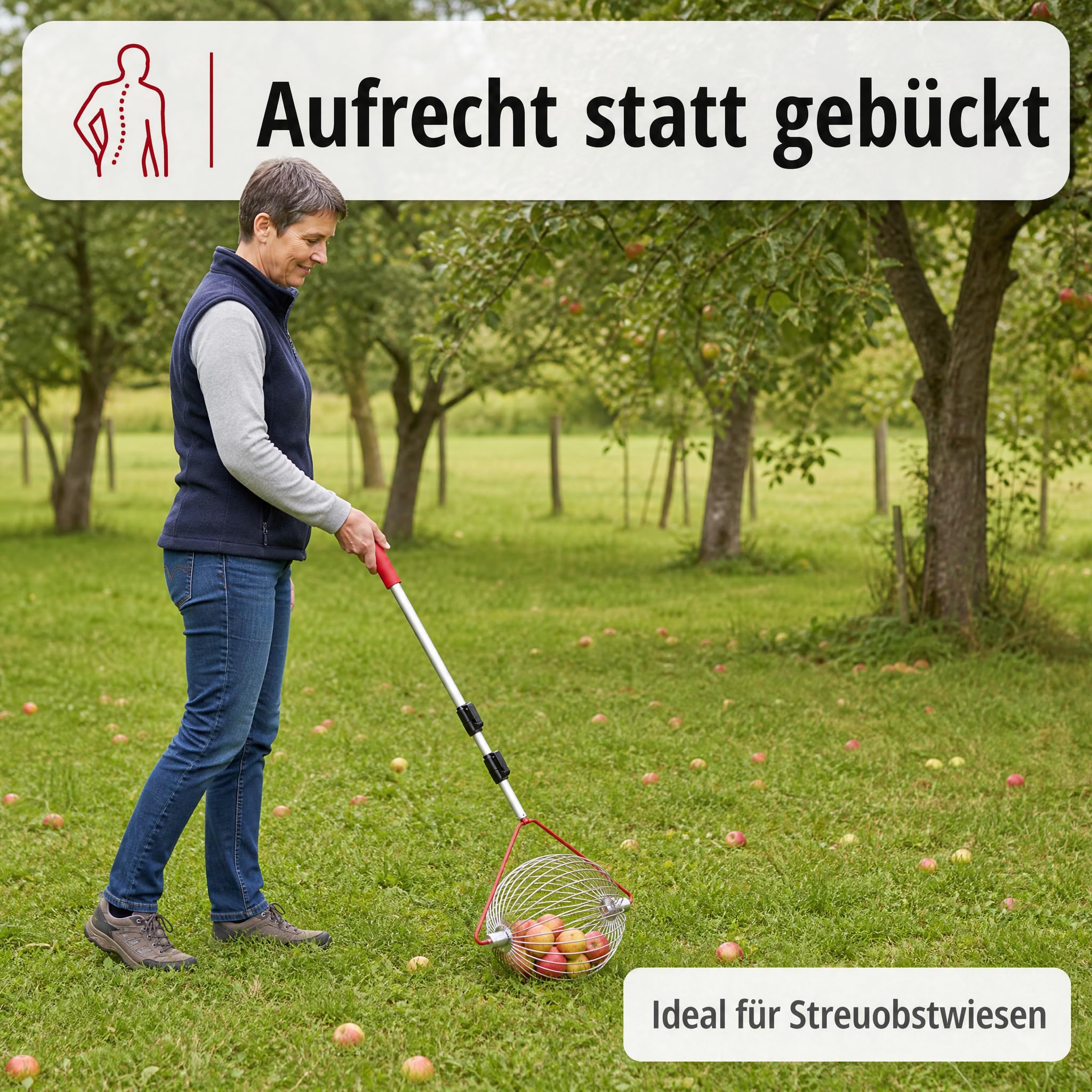 Apfel-Sammler mit Teleskopstab- der Roll-Blitz die kleinste Obstaufsammelmaschine der Welt direkt vom Hersteller für Apfel, Birnen