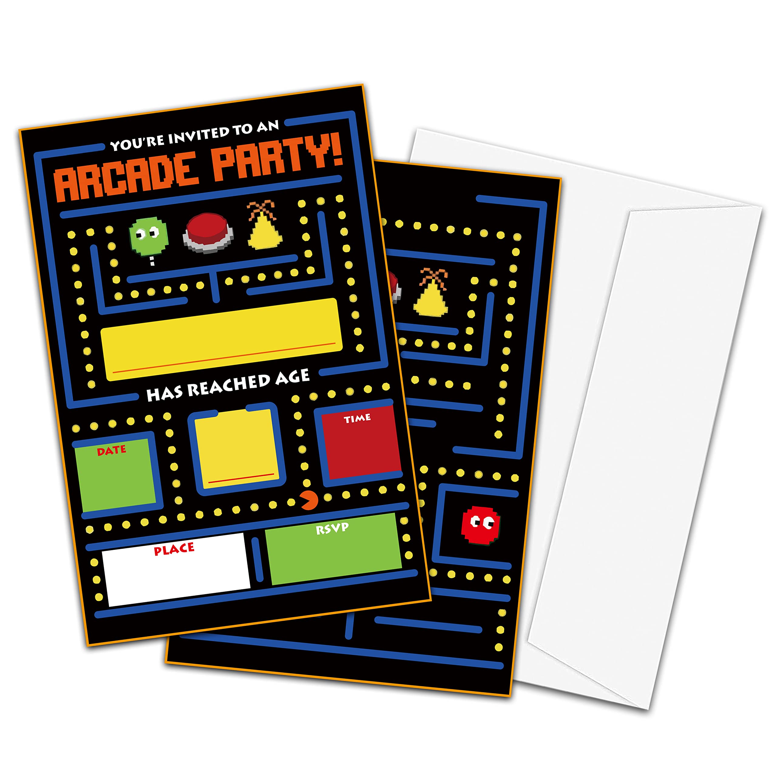Invitaciones de cumpleaños de fiesta de arcade, invitación de videojuegos, invitaciones de fiesta de cumpleaños estilo relleno con sobres para niños y niñas (paquete de 20), decoraciones y
