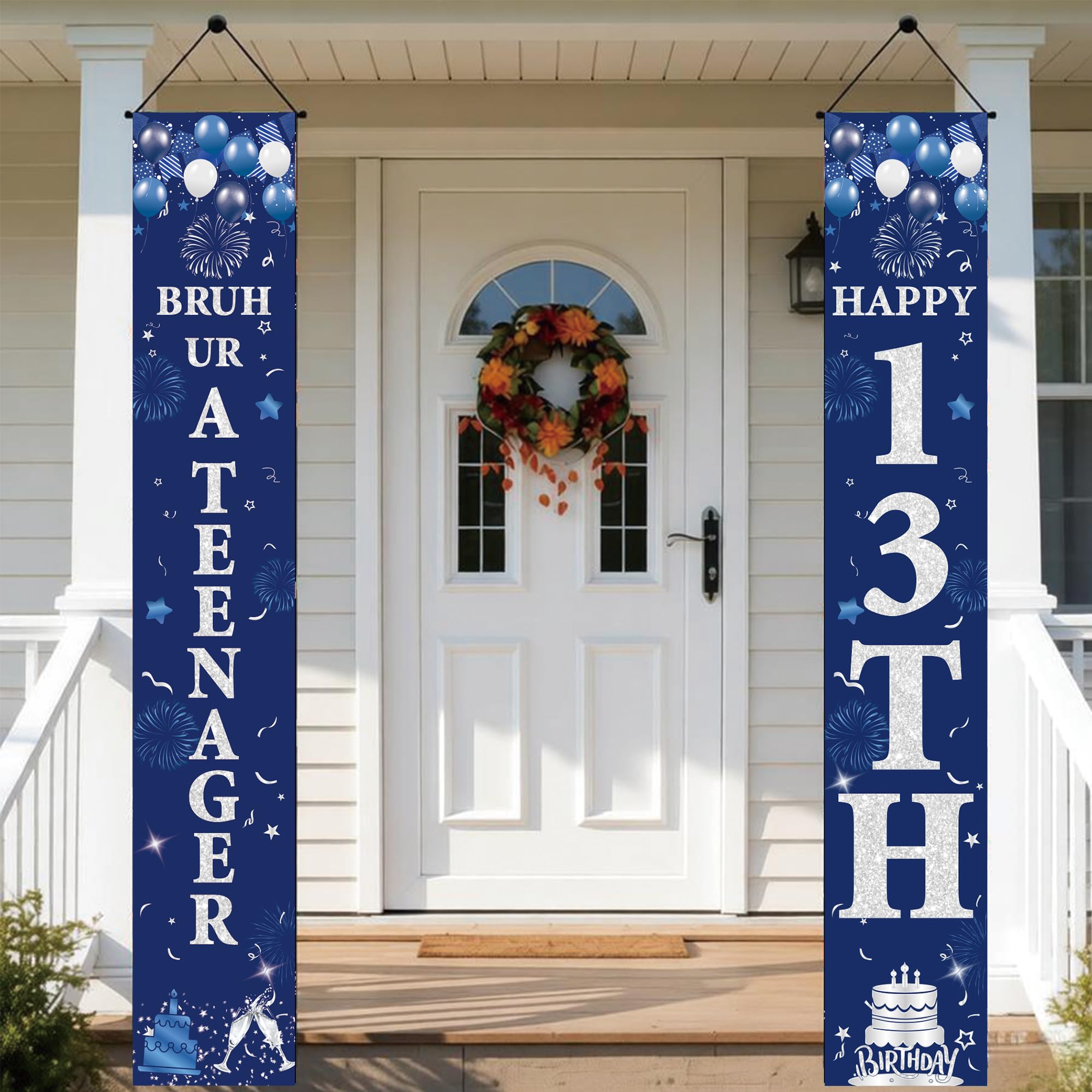 13th Birthday Decorations Door Banner - 2 Pcs Blue and Silver Boys Happy 13th BRUH UR A TEENAGER Banners Door Porch Sign for 13 Years Old Boy Birthday Party Backdrop Decor Supplies (5.9x0.9ft)