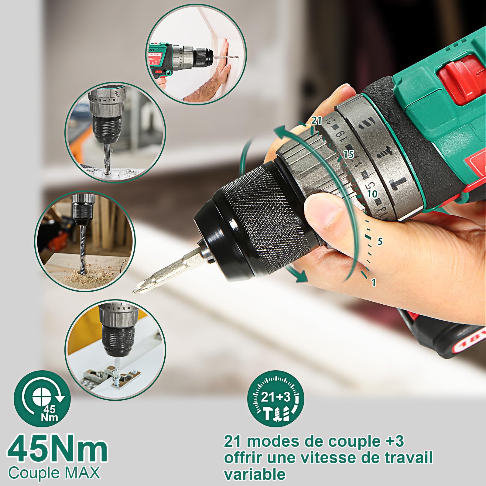 HYCHIKA Perceuse Visseuse Sans Fil 18 V 45 Nm, Perceuse à Percussion