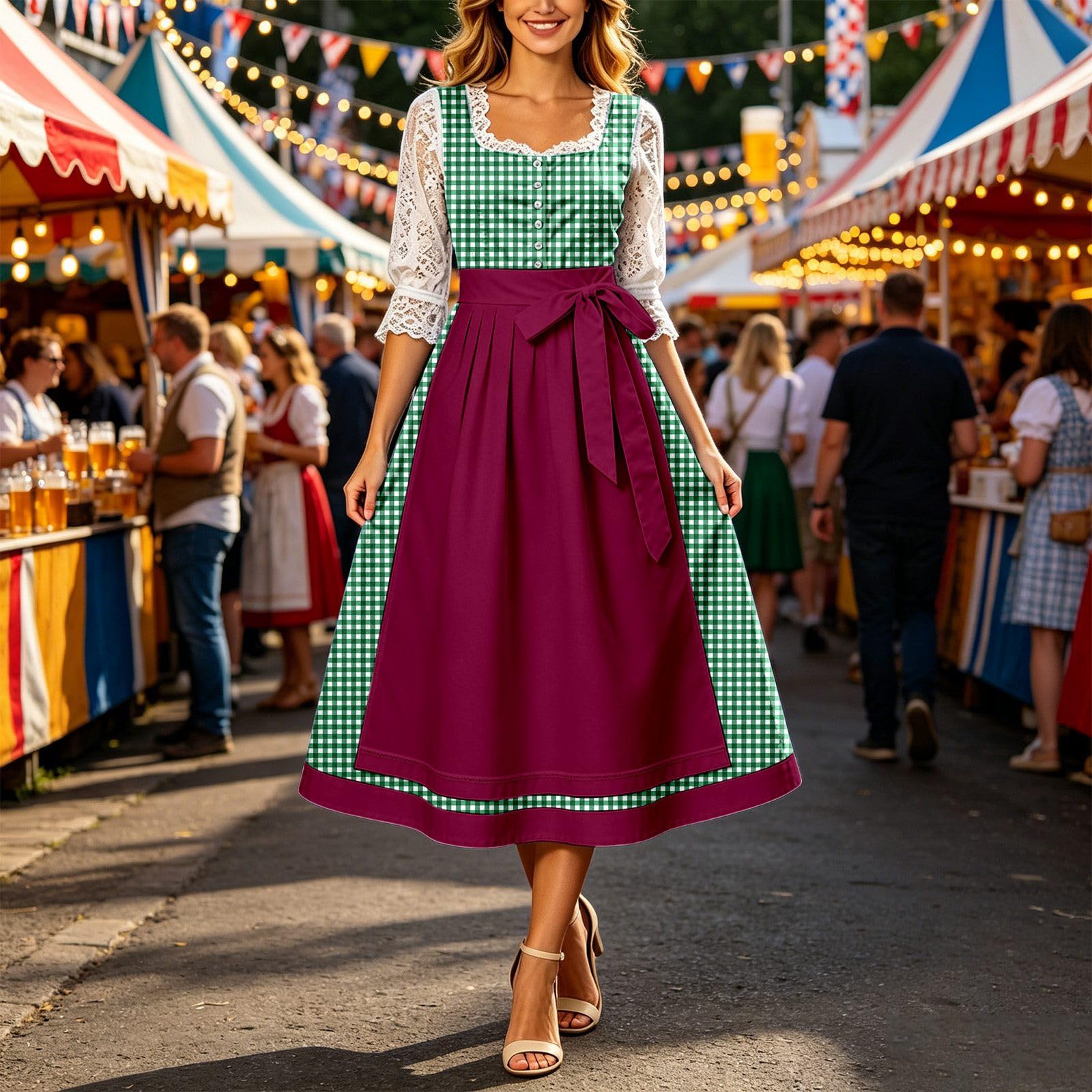Generisch Abito da festa della birra con fiocco in vita, lungo costume di carnevale, elegante alternativa per donne, tessuto pregiato, perfetto per celebrazioni, romantico, lavorazione di alta qualità