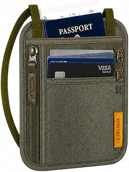 VENTURE 4TH RFID Blocking Travel Neck Wallet for Women & Men Security Neck Pouch Passport Holder with Adjustable Strap & Water-Resistant Nylon Lining Green