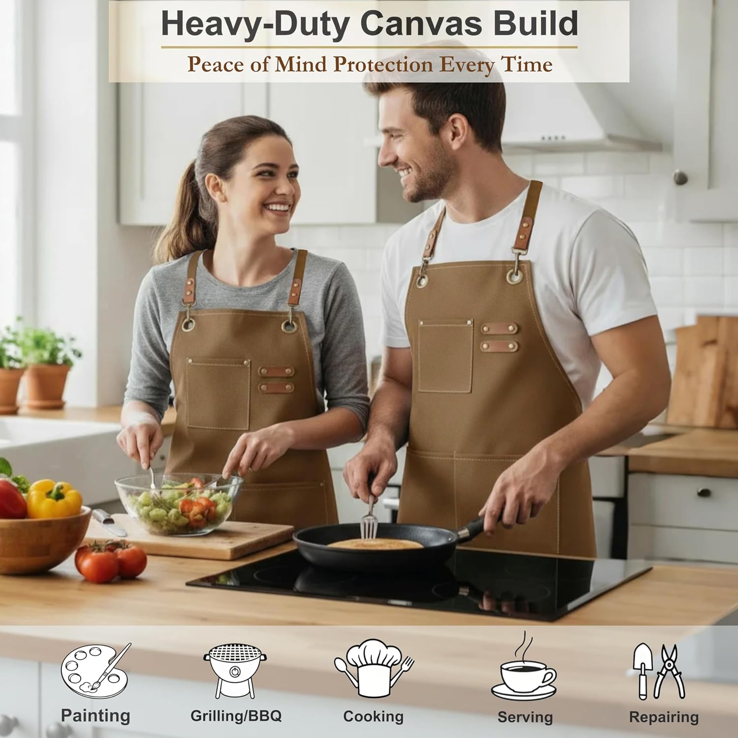 Canvas Work Aprons for Men Women with 3 Pockets Heavy Duty Crossback Kitchen Chef Apron for Cooking Grilling Barista - Image 3