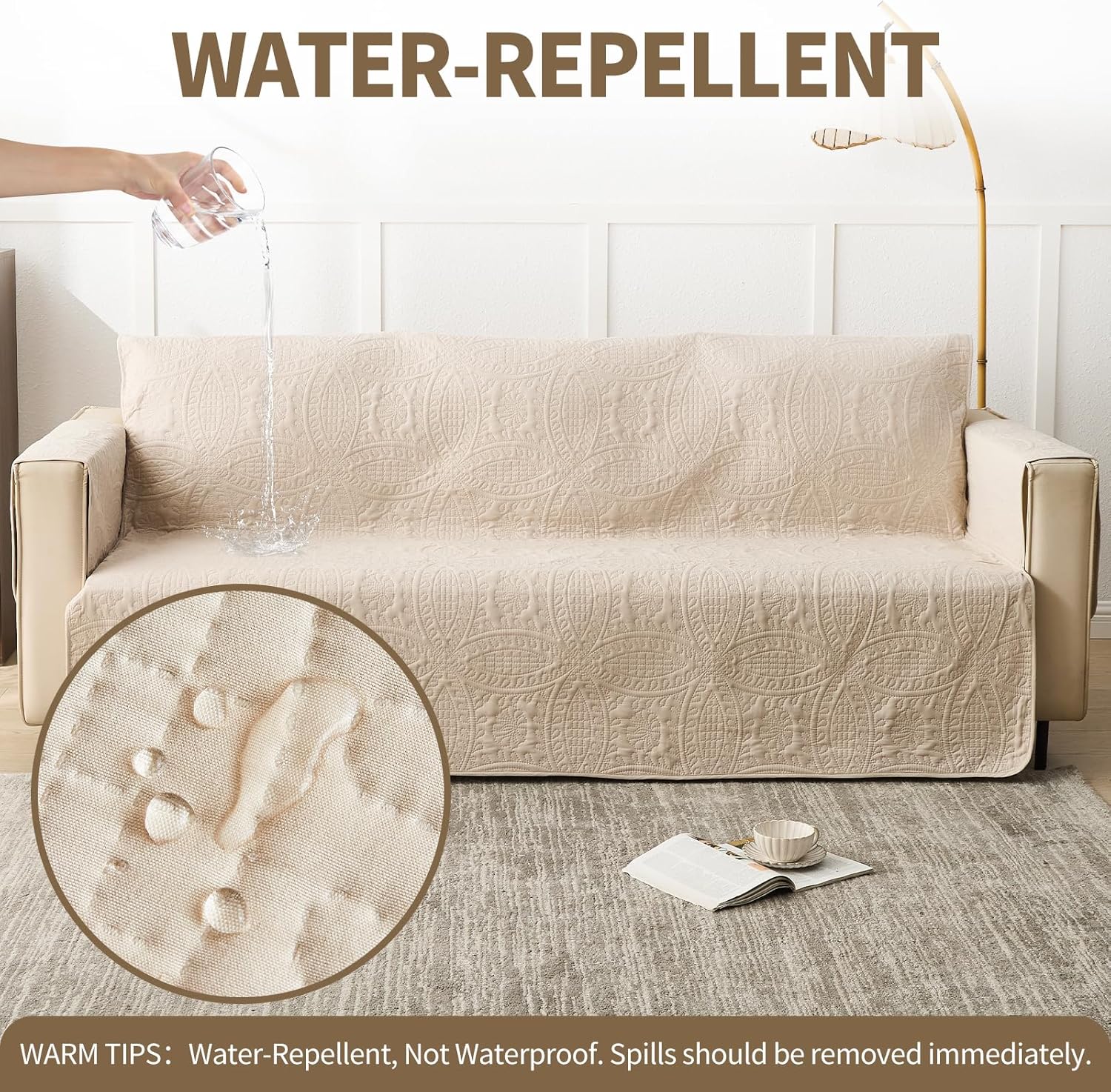 JYHOPE Sofa Cover for Couch – Stretchy Washable Slipcover with Back Tie-Straps & Coin-Textured Pattern, Durable Non-Slip Furniture Protector Against Pets, Spills & Stains (Beige, Large Sofa 68")