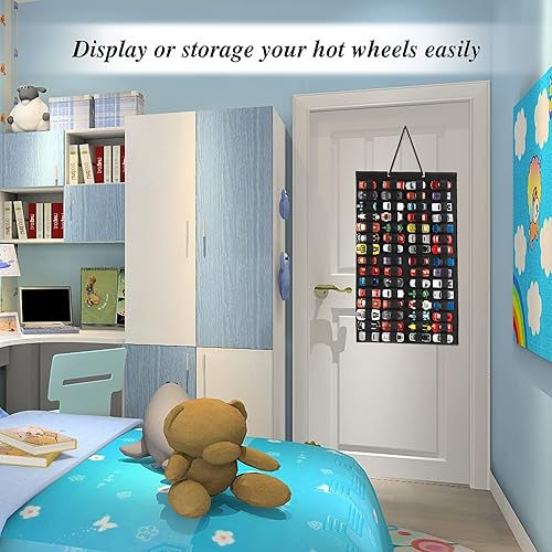 Miniatura 7 de JOYMOMO Organizador de almacenamiento colgante para Hot Wheels Vitrina de fieltro para Hot Wheels con capacidad para 60 autos de juguete (sin