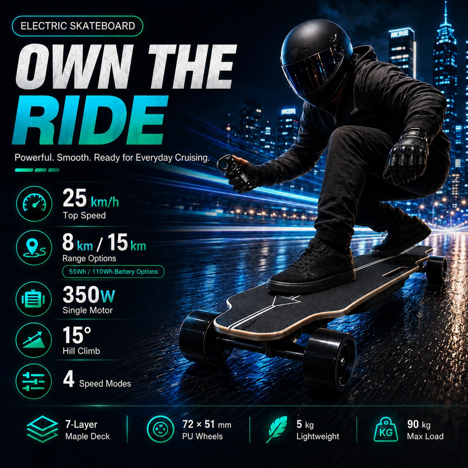 Skateboard Elettrici Professionali Fuoristrada - velocità Massima 25 Km/H, Autonomia 8 Km/15 Km, Pendenza di 15°, Carico Dall'Alto 200 Libbre 8km