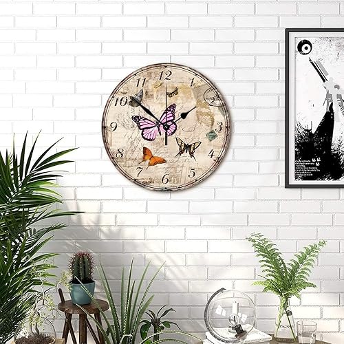 Miniatura 5 de Reloj de pared de madera, estilo vintage, mariposas florales, silencioso, funciona con pilas, reloj de pared redondo de estilo antiguo y elegante,