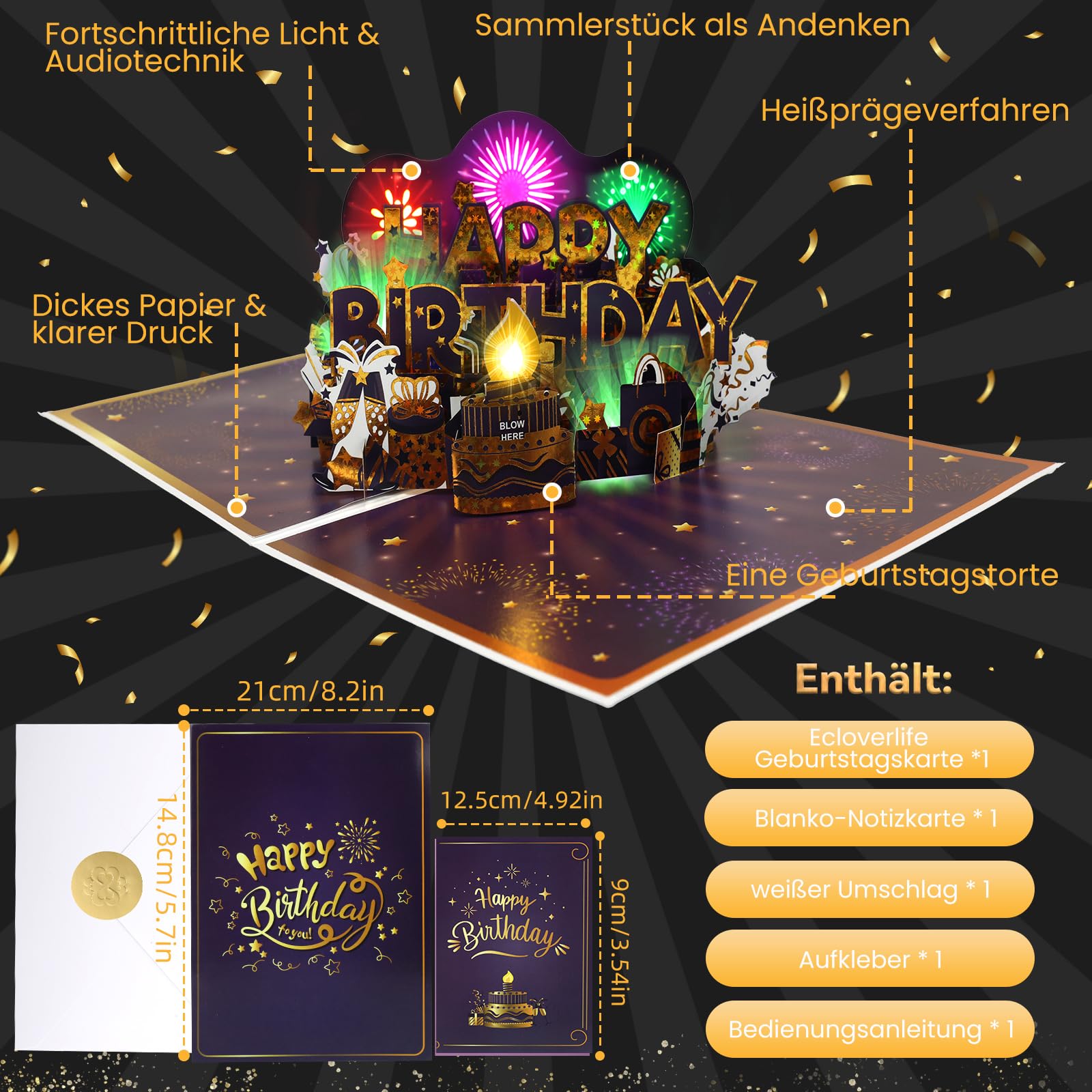Biglietto Di Auguri Pop-up 3D Con Musica E Luci - Torta Di Compleanno Con Candela Soffiabile E Fuochi D'Artificio - Regalo Per Donne Uomini Bambini