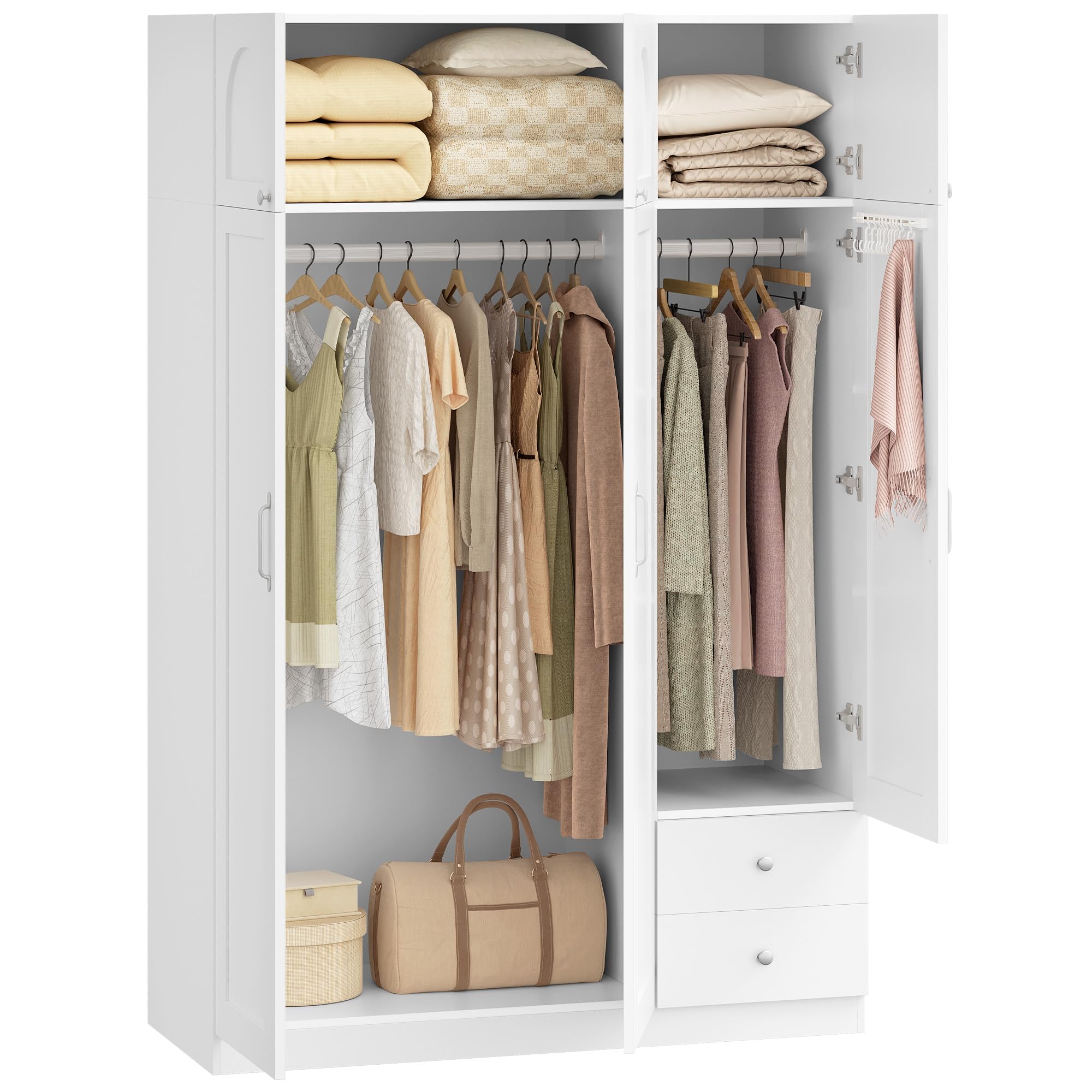 Hzuaneri Kleiderschrank mit 6 Türen 2 Schubladen, Kleiderschrank mit Kleiderstange und Ablagefach, Drehtürenschrank für das Schlafzimmer, für Gästezimmer, Weiß, BW12003E
