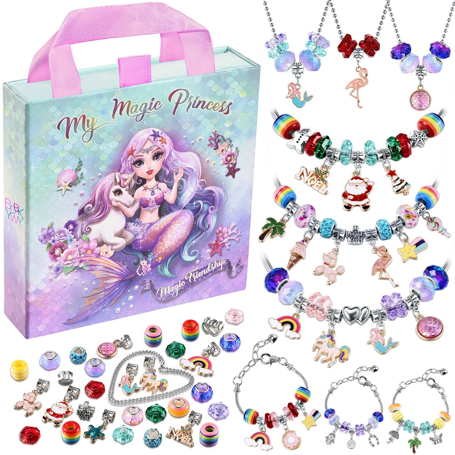 Mädchen-Charm-Armband-Bastelset: Geschenk ideal für 6, 7, 8, 9 Jahre alte Mädchen, Geburtstagsgeschenke, Meerjungfrauen-Schmuck, Kunst und Handwerk für Kinder im Alter von 8–12 Jahren, die die