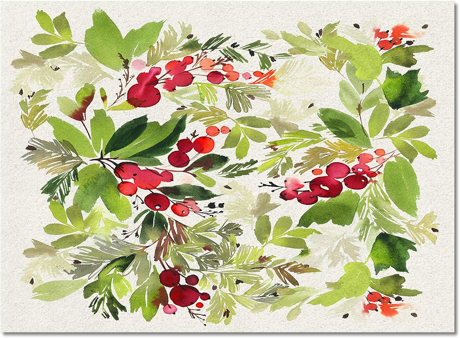 2' x 3' Area Rug, Christmas Non-Skid Rubber Backing Large Rectangle Rugs - Living Room Bedroom Home Office Xmas Pine Needle Green Leaf Red Berry Watercolor Indoor Floor Mat Carpets