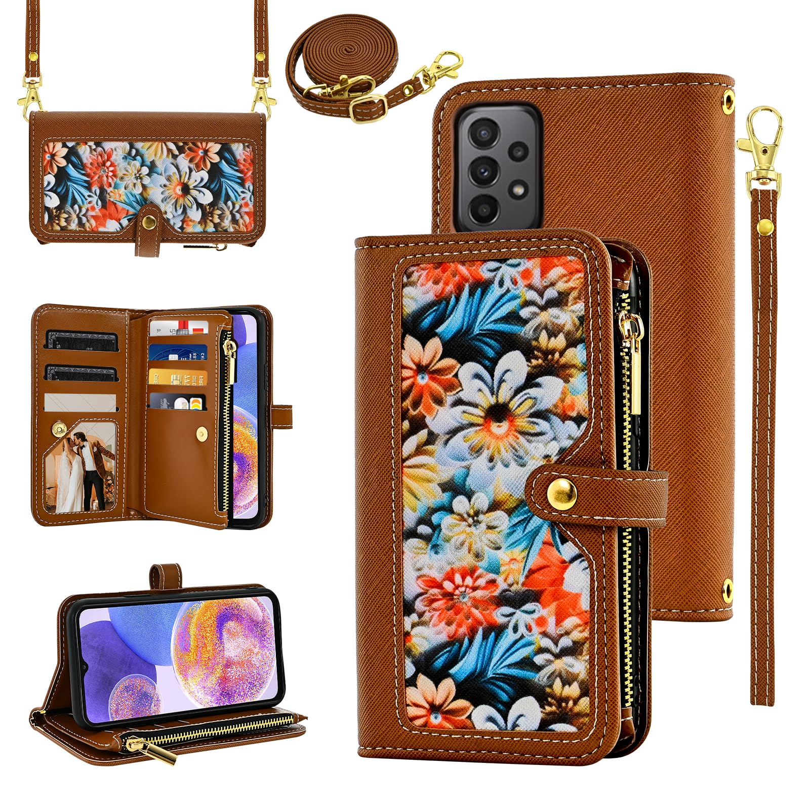 Furiet Floral Wallet Case for Samsung Galaxy A53 5G with Wrist Strap Shoulder Strap Flip Zipper Purse, Luxury PU Leather Card Holder Stand Phone Cover