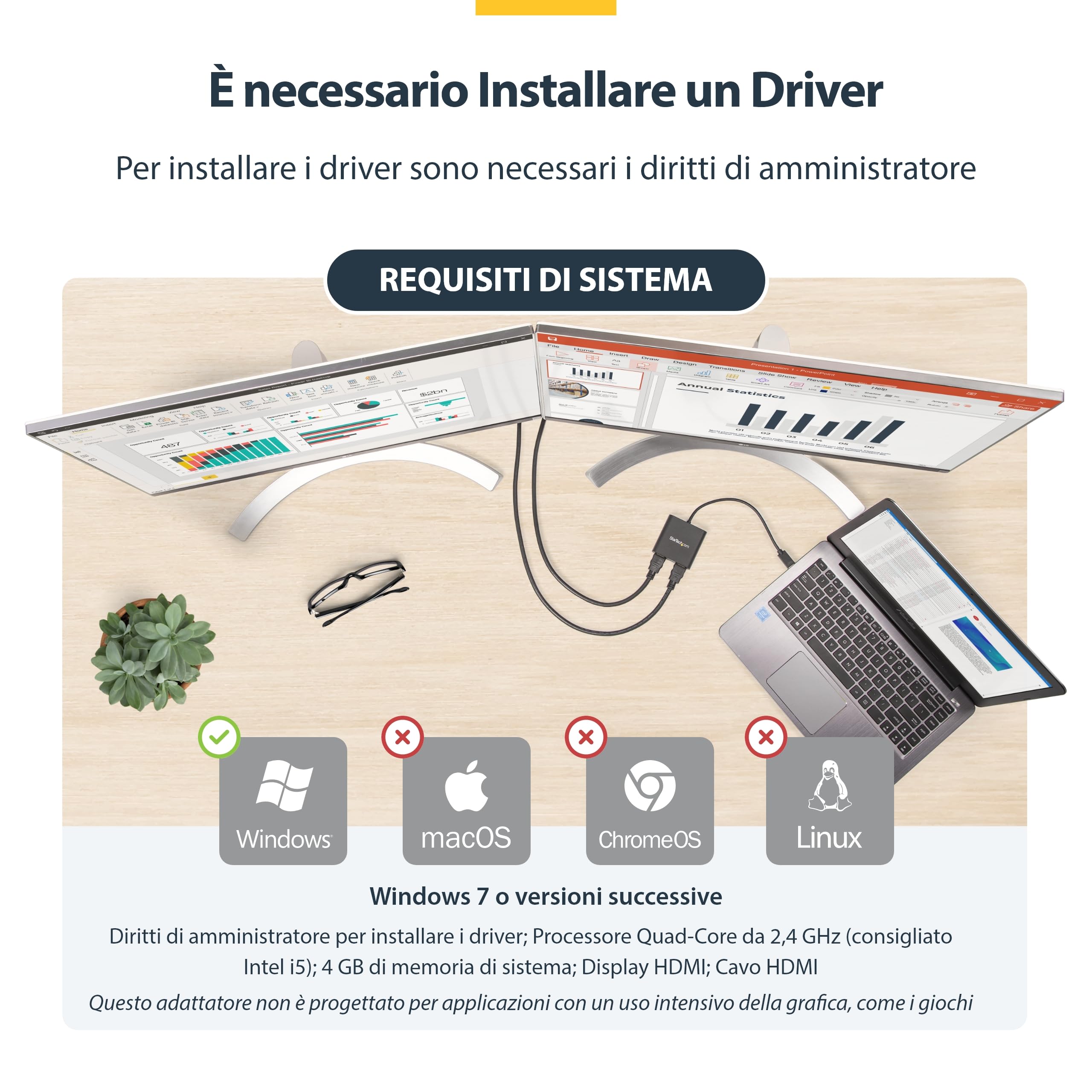 StarTech Adattatore USB-A 3.0 a Dual HDMI per Windows, Convertitore USB a 2x HDMI, 4K 30Hz + 1080p 60Hz, Estensione o Mirroring schermo doppio
