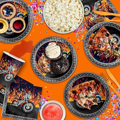 Miniatura 6 de Juego de suministros para fiesta de cumpleaños de motociclistas, platos, servilletas, vasos, vajilla para 16