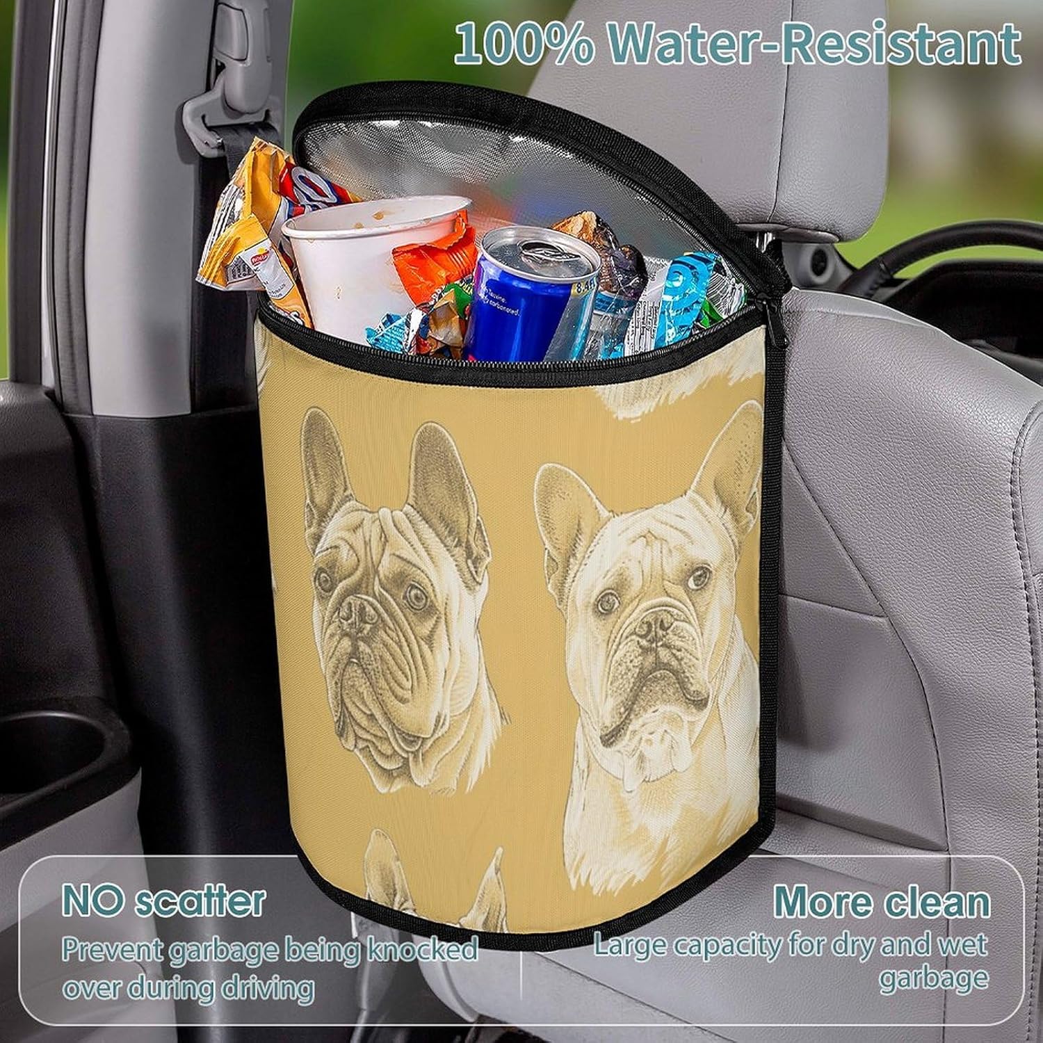 MUSM Leakproof Car Trash Can 2.5 Gallon, Durable Automotive Garbage Bag with Waterproof Liner, Paintings of Various Dogs Trash Bag for Car, Truck, RV & Bathroom