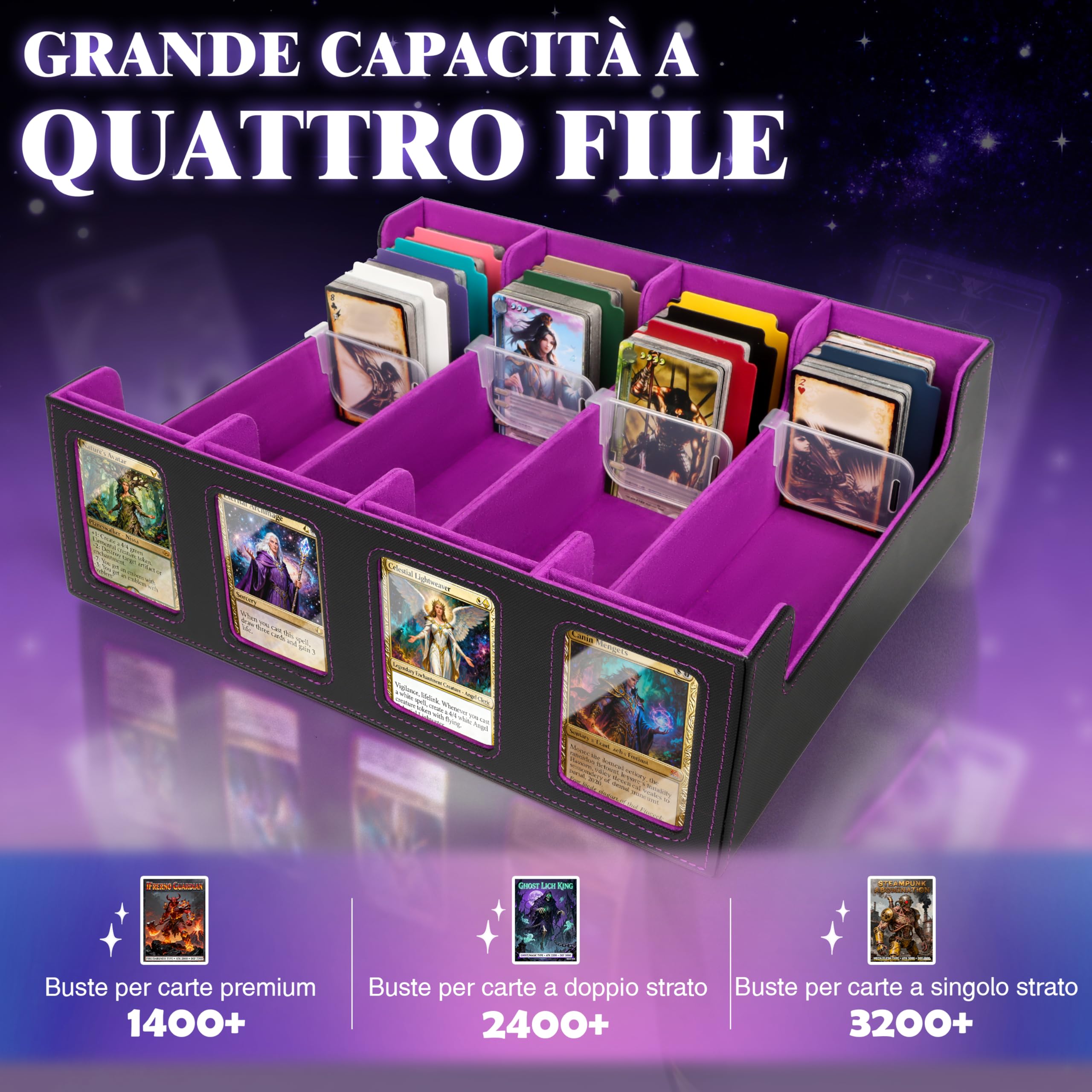 Charmofun Deck Box per Carte, Magnetic Scatola di Carte da Collezione per Oltre 2800+, Porta Deck con Pelle PU e Chiusura Magnetica, 10 Divisori per Carte, 4 Clip Divisorie (Viola, 2400+)