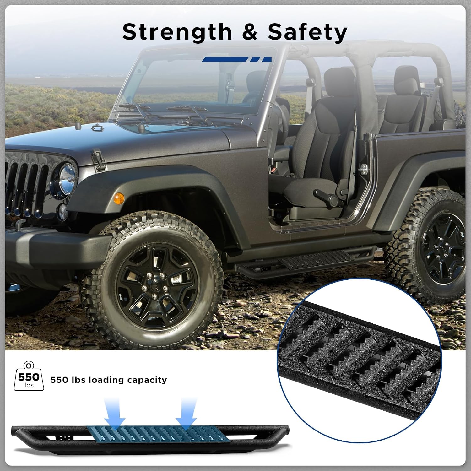 Running Boards Compatible with Jeep Wrangler JK 2007-2018 2 Door, Off-Road Steel Side Steps, Rock Sliders Textured Black, Non-Slip Design Rocker Armor Steps