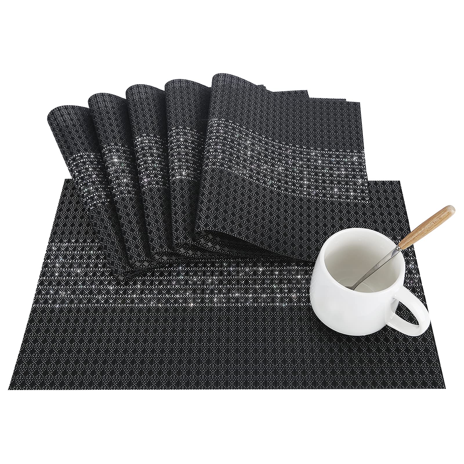 Placemats for Dinning Table in Stain Resistant Non-Slip Woven Vinyl Insulation,Washable Table Mats for Family Kitchen Dining Room, Daily Indoor and Outdoor (Black)