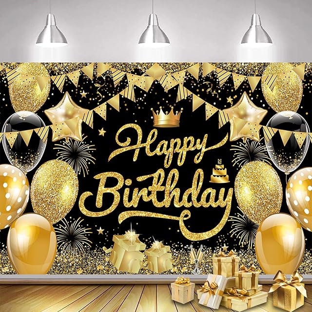 Birthday Backdrop Banner, Black and Gold Birthday Party Decorations, Extra Large Fabric Banner Sign Poster for Men Women Girls Boys, Black Gold Birthday Photo Booth Backdrop for Party Table Wall