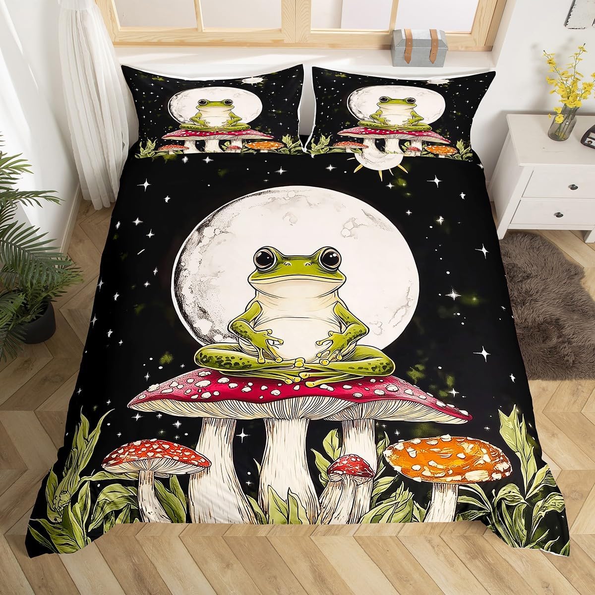 Feelyou Cute Frog Decor Duvet Cover Boys Girls Toddler Size Mushroom Decor Bedding Set Ultra Soft Moon No Comforter Botanical Theme Bedspread Cover Room Decor Mushroom Bedclothes Zipper
