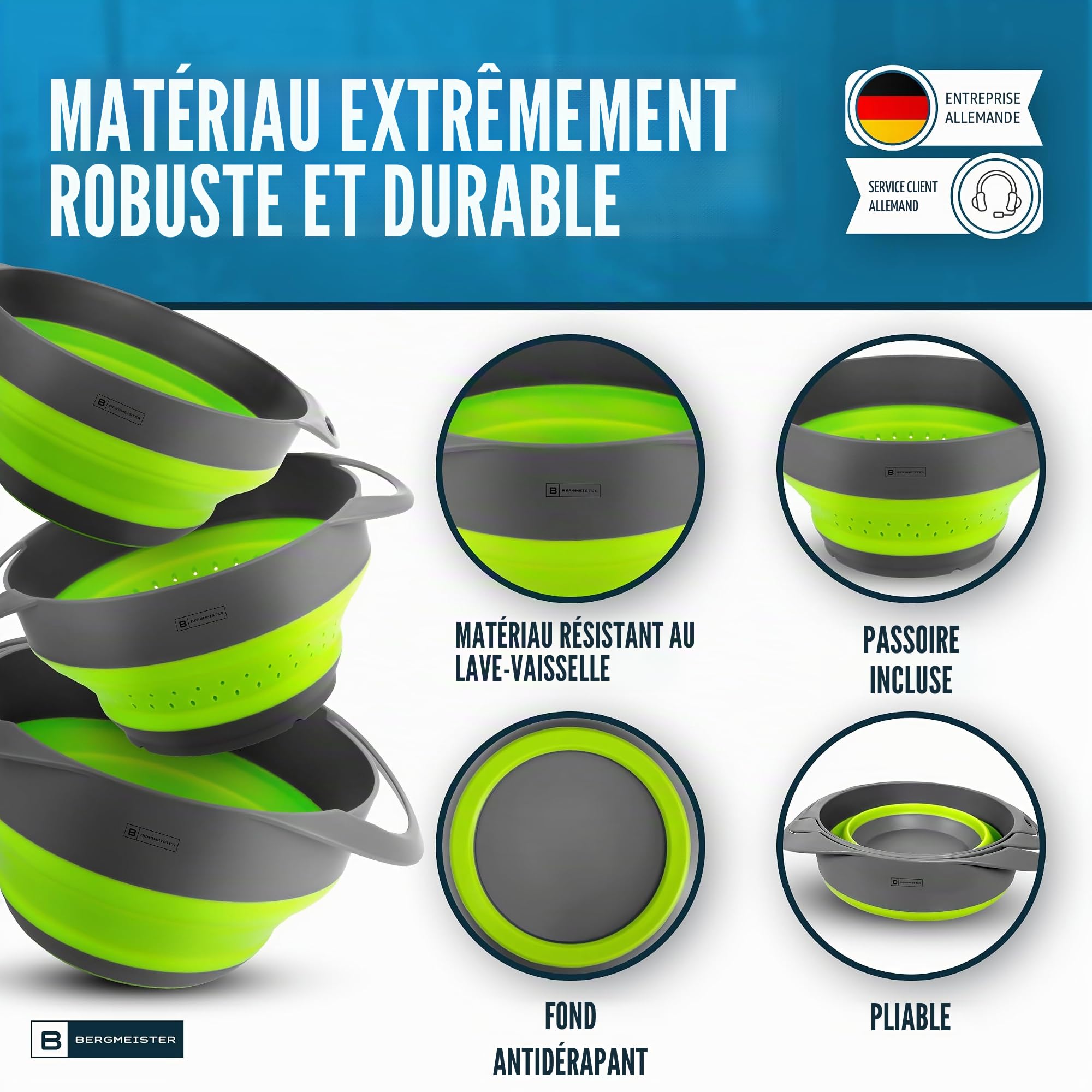 Ensemble de bols pliables 3 en 1 avec passoire 1,7 l / 2,8 l - Multifonctionnel - Passe au lave-vaisselle - Merveilleux de place pour chaque maison et cuisine de camping en plein air