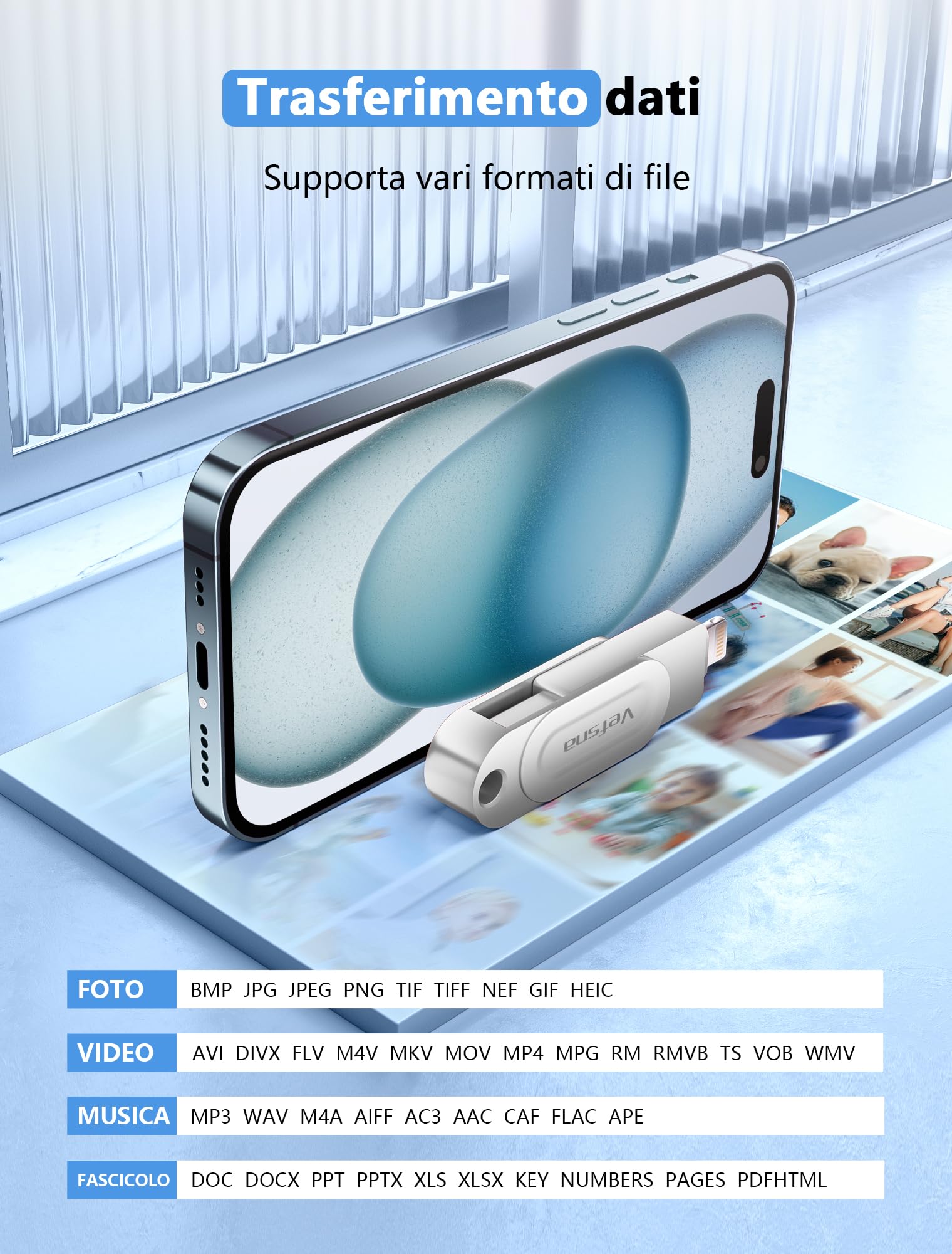 Vefsna MFi Certificazione Chiavetta iPhone 256GB, Memoria Esterna per scaricare foto,Pen Drive USB,Photo Stick, 3 in 1 USB Stick per IOS/iPad/Android/PC(Foto/Video/Backup Automatico),Argento chiaro