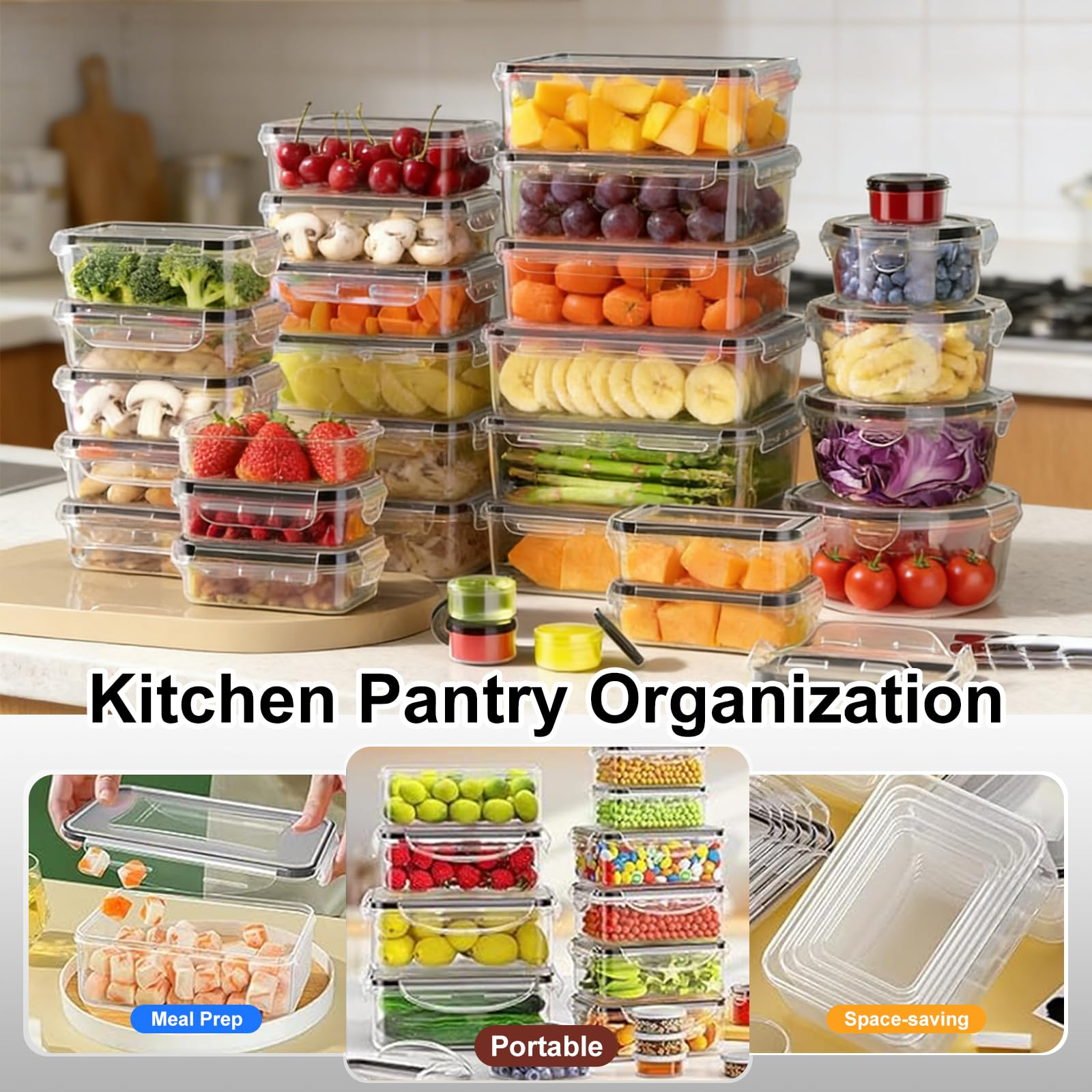 Set di 30 contenitori per alimenti con coperchio, ermetici, a prova di perdite, per cucina, preparazione dei pasti, senza BPA, in plastica senza PVC, adatti a microonde/lavastoviglie, etichette