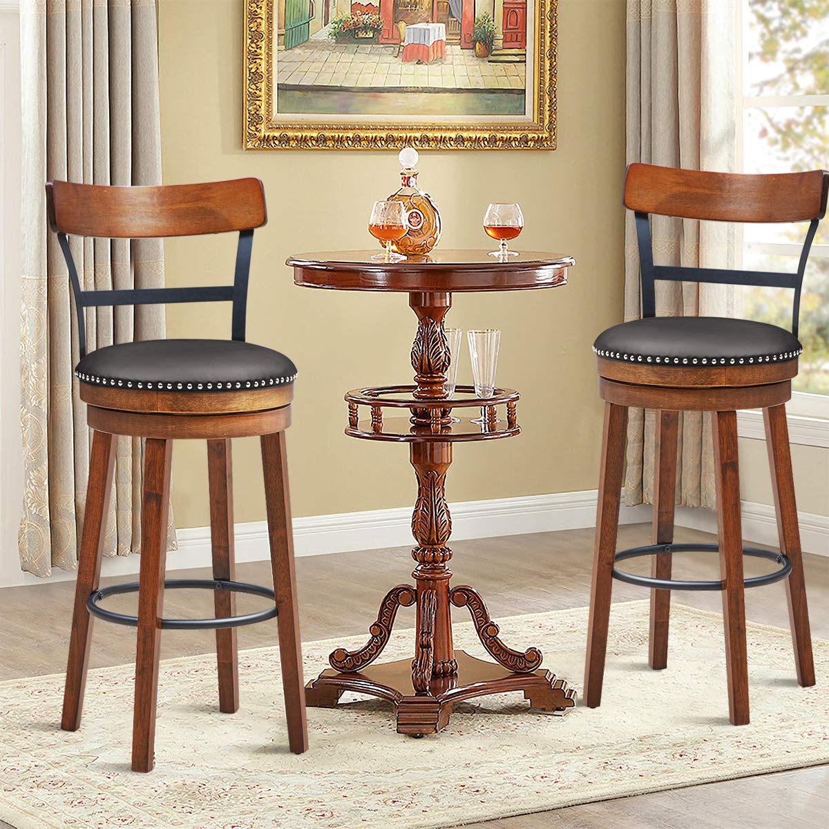 Buy COSTWAY Bar Stools Set of 2, 360Degree Swivel Stools with Leather Padded Seat, Single Slat