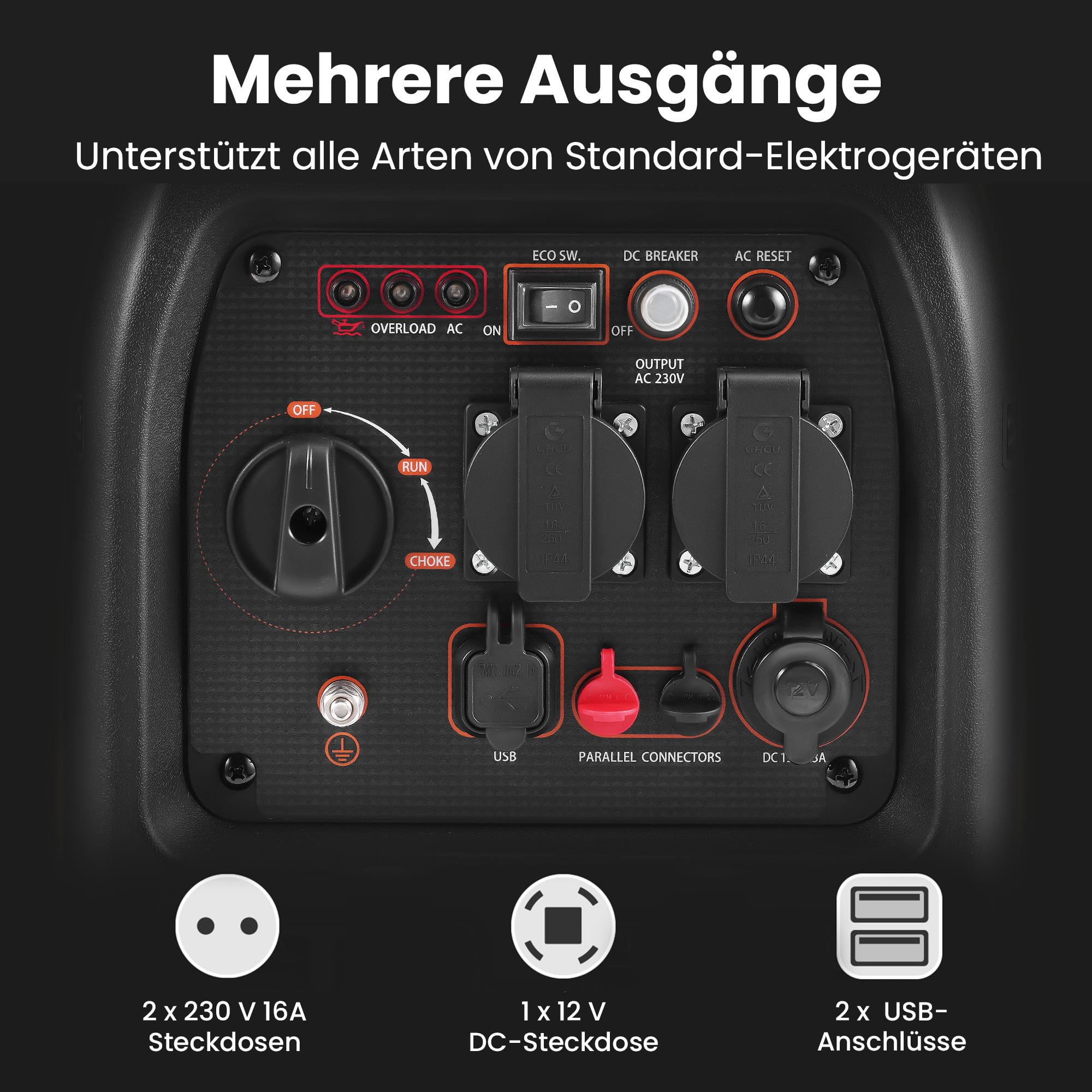 maXpeedingrods Inverter Stromerzeuger 3500W Superleise, Leicht und Mobil Benzin Notstromaggregat Stromgenerator, ECO-Modus mit 2x 230V / 2x USB / 1x 12V DC Steckdosen für RV Camping Festivals, Reise