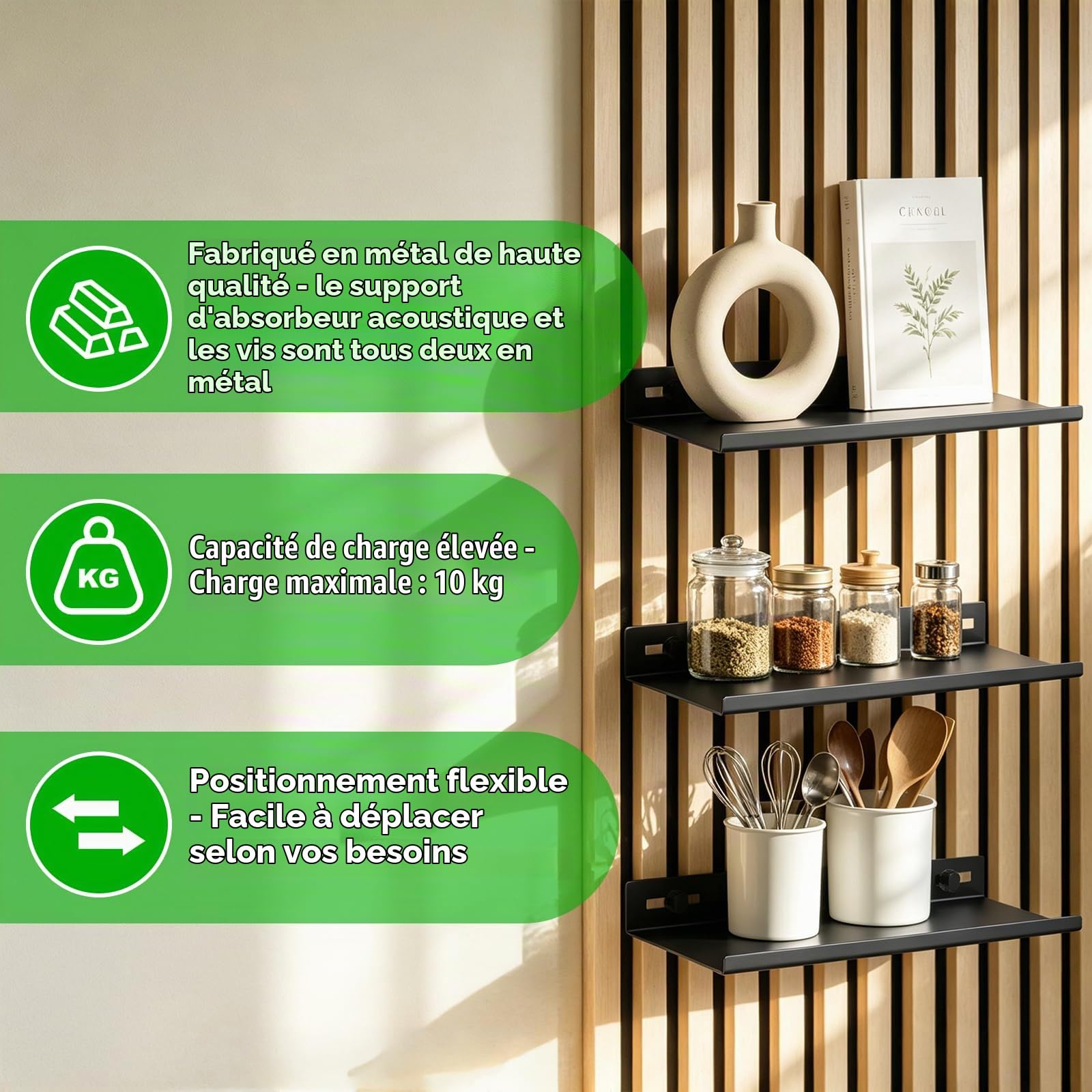 Hysagtek Lot de 1 étagères pour Panneau Acoustique - Accessoires en métal - Panneaux acoustiques sans perçage - Étagère Flottante Noire pour Salon, Chambre à Coucher, Bureau (30 x 10 cm)