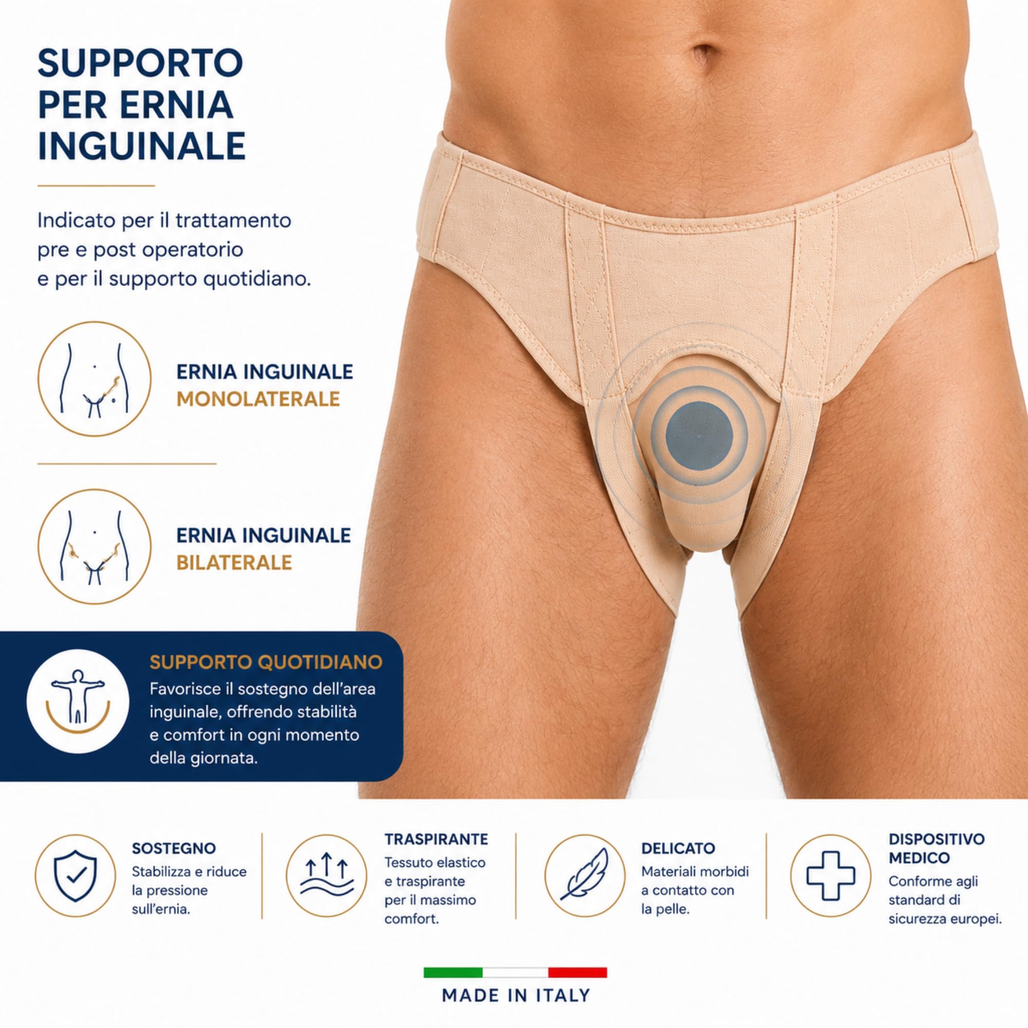 Kefrell Cinto Erniario Inguinale Regolabile, Fascia Contenitiva Ortopedica 5 cm, Tessuto Elastico Ipoallergenico, Compressore a Velcro Removibile, Supporto Post Operatorio, Made in Italy (100)