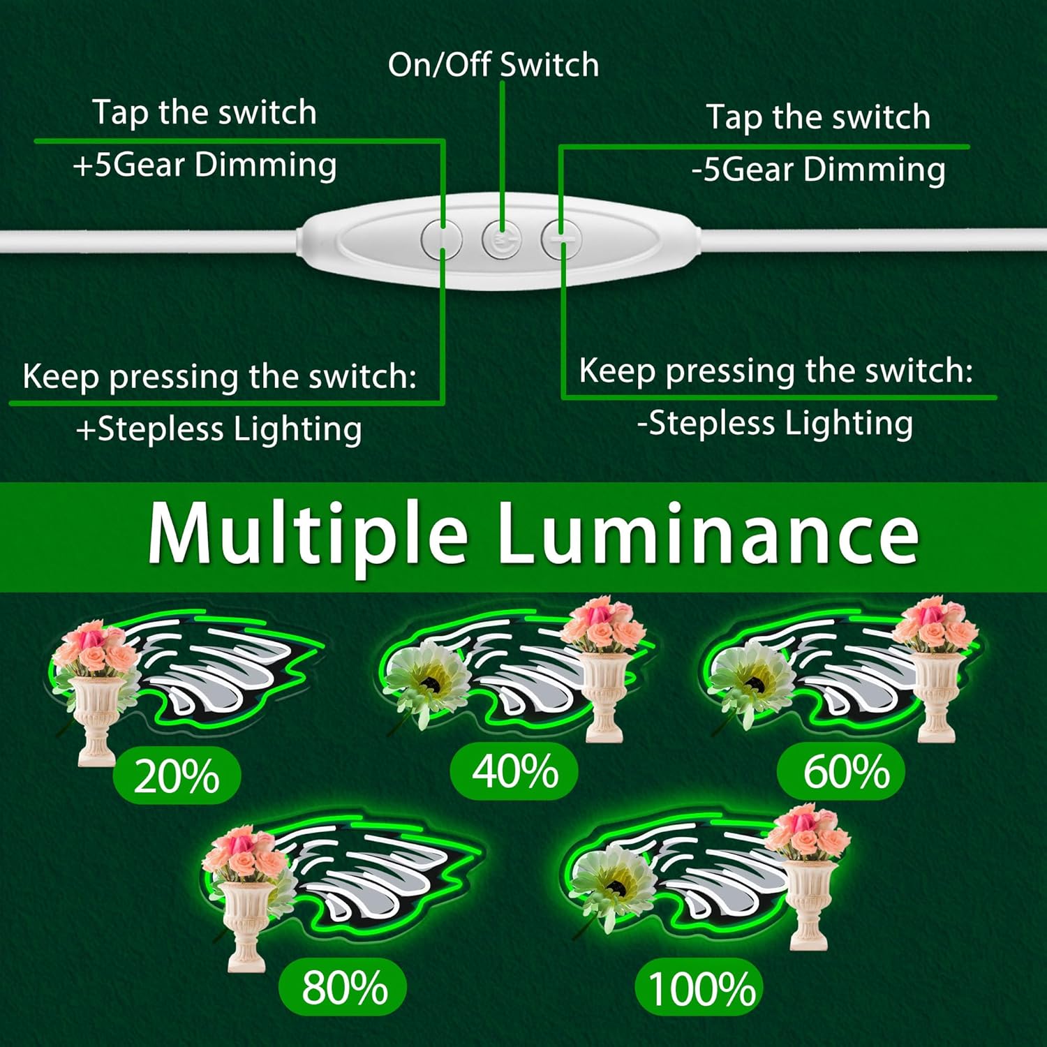 Football Team Neon Sign, Cool Dimmable Light Up Football Team Neon Light Up Sign Gift USB Powered Bedroom Man Cave Game Room Home Bar Party Shop Decor Decoration for Kids Boys Birthday Christmas Gift (eegles) - Image 4