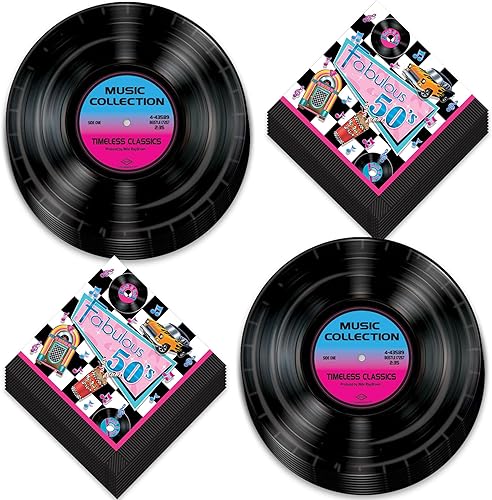 HOME & HOOPLA Suministros para fiestas de los años 50, fabulosos platos de papel de los años cincuenta y servilletas de almuerzo (16 platos y