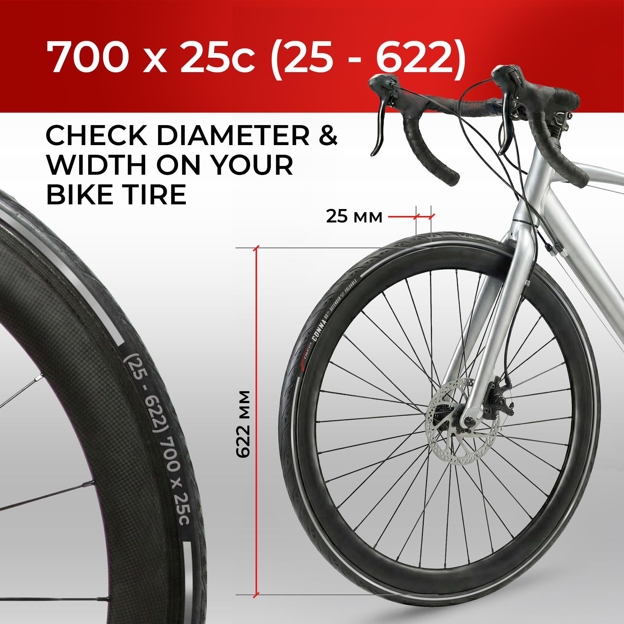 Fincci Cubiertas Carretera 700x25 - Par Plegable Reflectante Neumáticos Bicicleta 25-622, 60 TPI, Gomas 28" con 1mm Antipinchazos para Electro Ciclo Bici, Carrera Turismo Bici - Paquete de 2