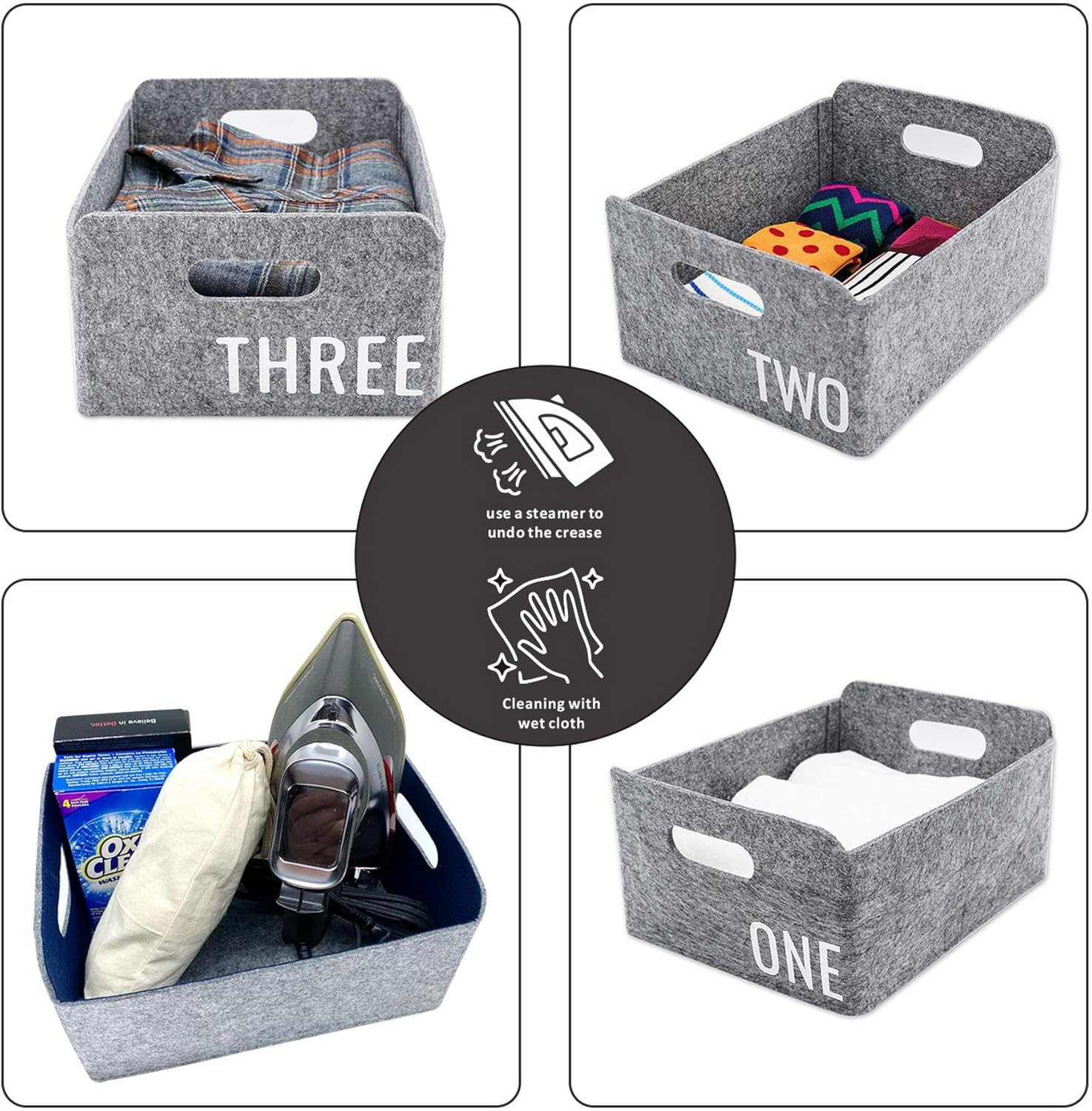 Welaxy Storage Baskets with Inspired Slogan Felt Collapsible Storage Baskets Foldable Storage Cube Shelf Boxes Drawers Organizer bin for Kids Toys Books Clothes gift for men (One,Two,Three)