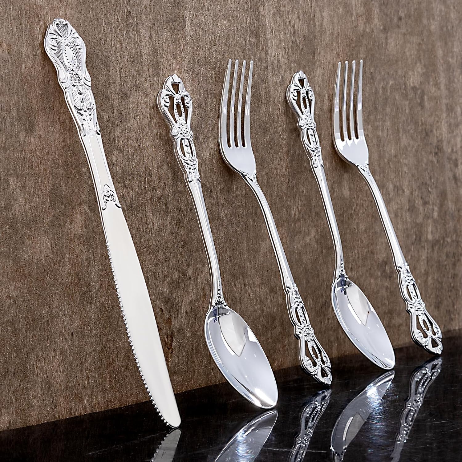 200PCS Silver Plastic Cutlery - Vintage Silver Disposable Silverware - Heavyweight Plastic Utensils with 100 Forks, 50 Knives, 50 Spoons For Catering, Parties, Dinners and Weddings