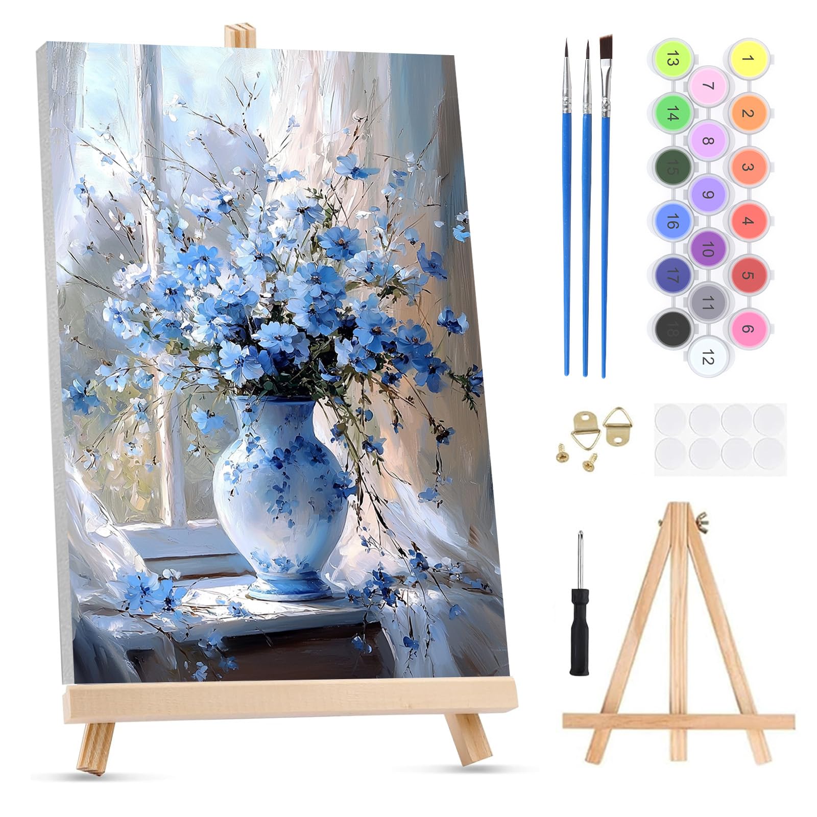 QENSPE Paint by Numbers for Adults on Framed Canvas - with Wooden Easel, Forget-me-nots Painting by Number Kit for Beginners, DIY Vase Acrylic Oil Painting for Home Wall Decor 8x12 Inch