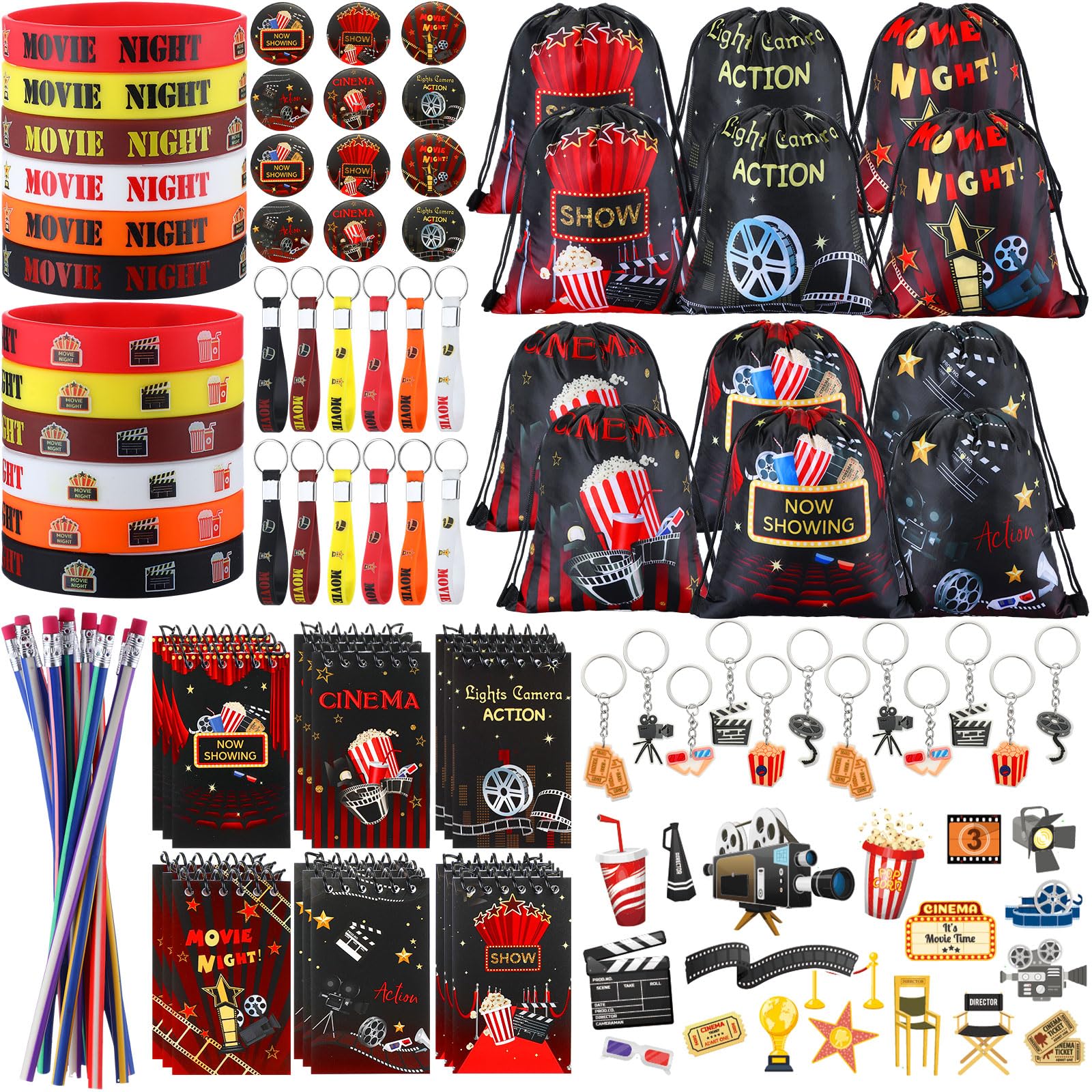 Sweetude 140 Pcs Movie Night Party Favors Drawstring Backpack Silicone Bracelets Keychains Small Spiral Notepads Bendable Pencils Button Pins Stickers