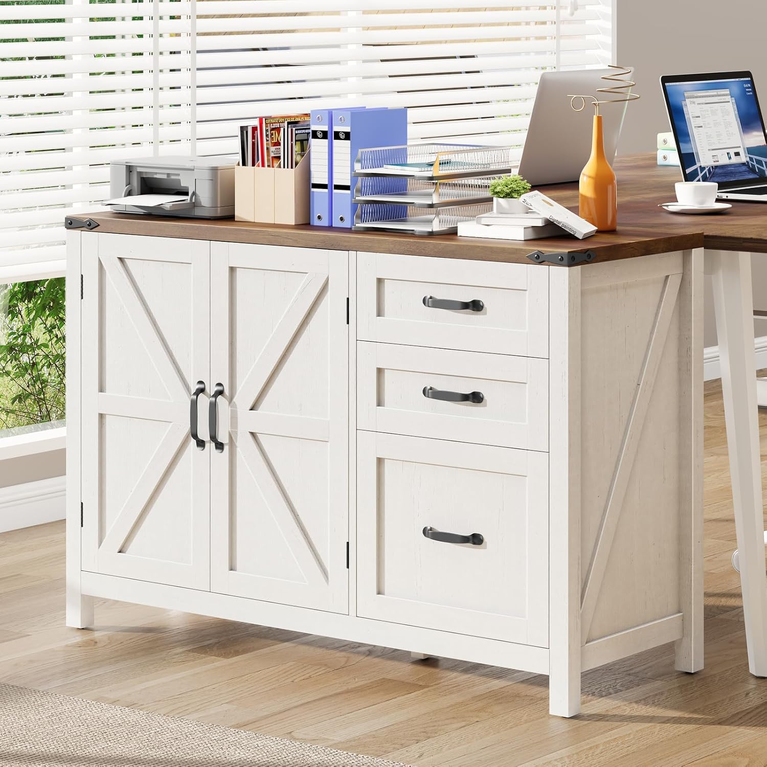 3 Drawer File Cabinet, Farmhouse Lateral Filing Cabinet with Doors for Letter/A4 Size Hanging Files, Large Wood Storage Cabinets Printer Stand with Adjustable Shelf for Home Office, White and Brown