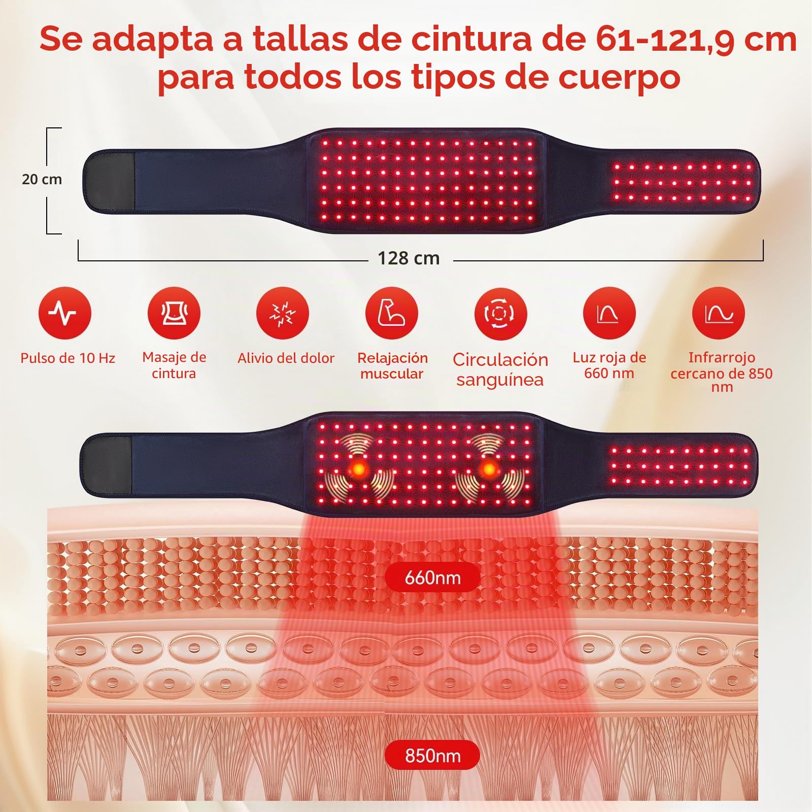 Cinturón de terapia de luz roja para espalda y abdomen, 5000 mAh inalámbrico infrarrojo con masaje de vibración de pulso/3 modos, alivio del dolor, relajación muscular y aumento de la circulación