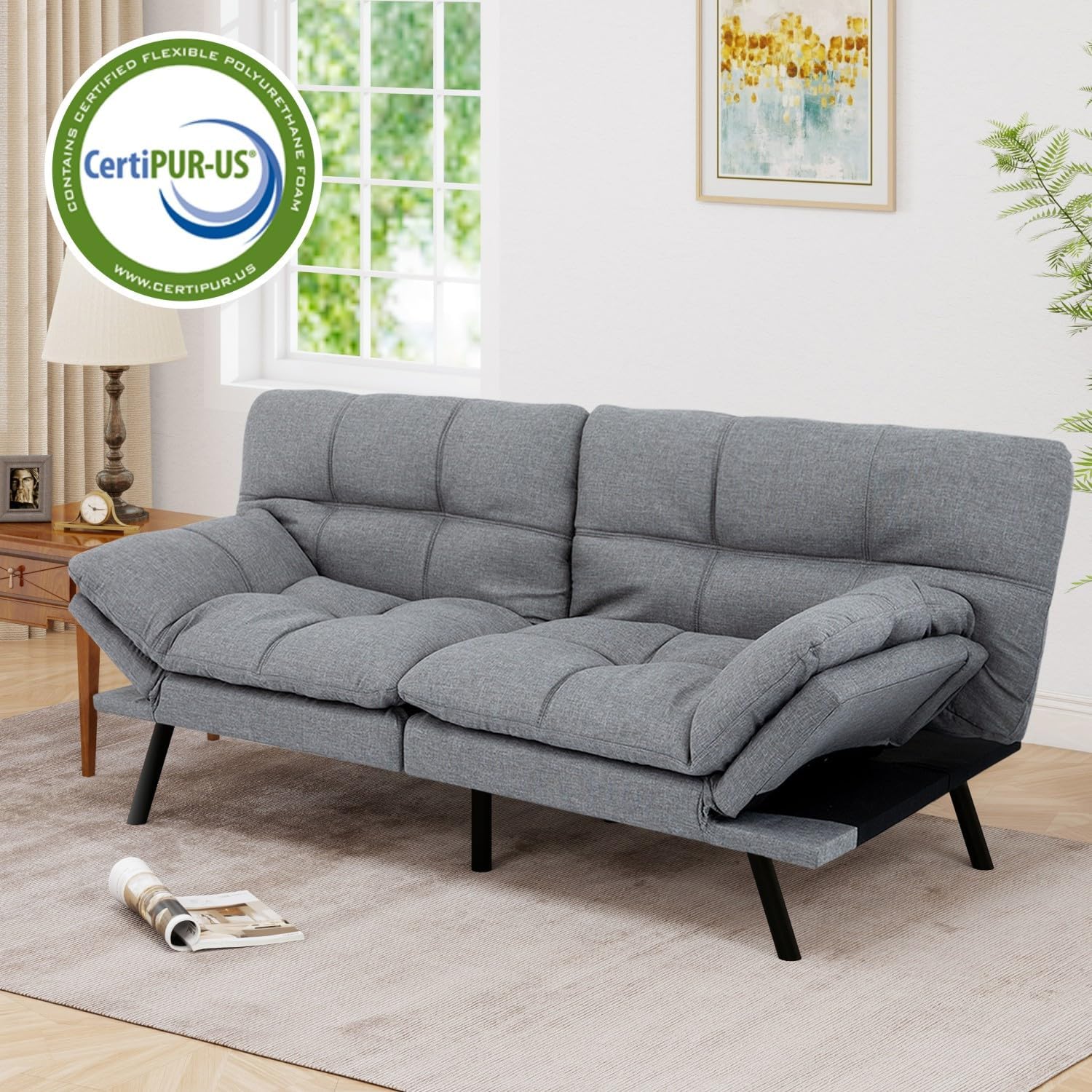 MUUEGM 71" Futon Sofa Bed, Cozy Convertible Loveseat Sleeper, Linen Fabric Couch with Adjustable Back & Arms for Living Room, Guest Room - Ash Gray
