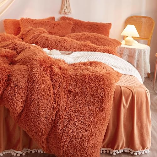 Miniatura 6 de Juego de funda de edredón de color naranja quemado esponjoso, tamaño Queen, ropa de cama de pelo sintético naranja quemado de 3 piezas (1 funda de