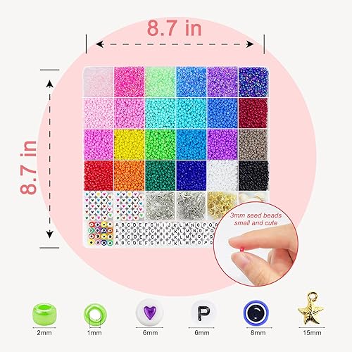 Miniatura 6 de Redtwo Juego de 8000 cuentas de cristal de 0.118 pulgadas para hacer pulseras, kit de joyería de amistad, cuentas pequeñas para la cintura, cuentas