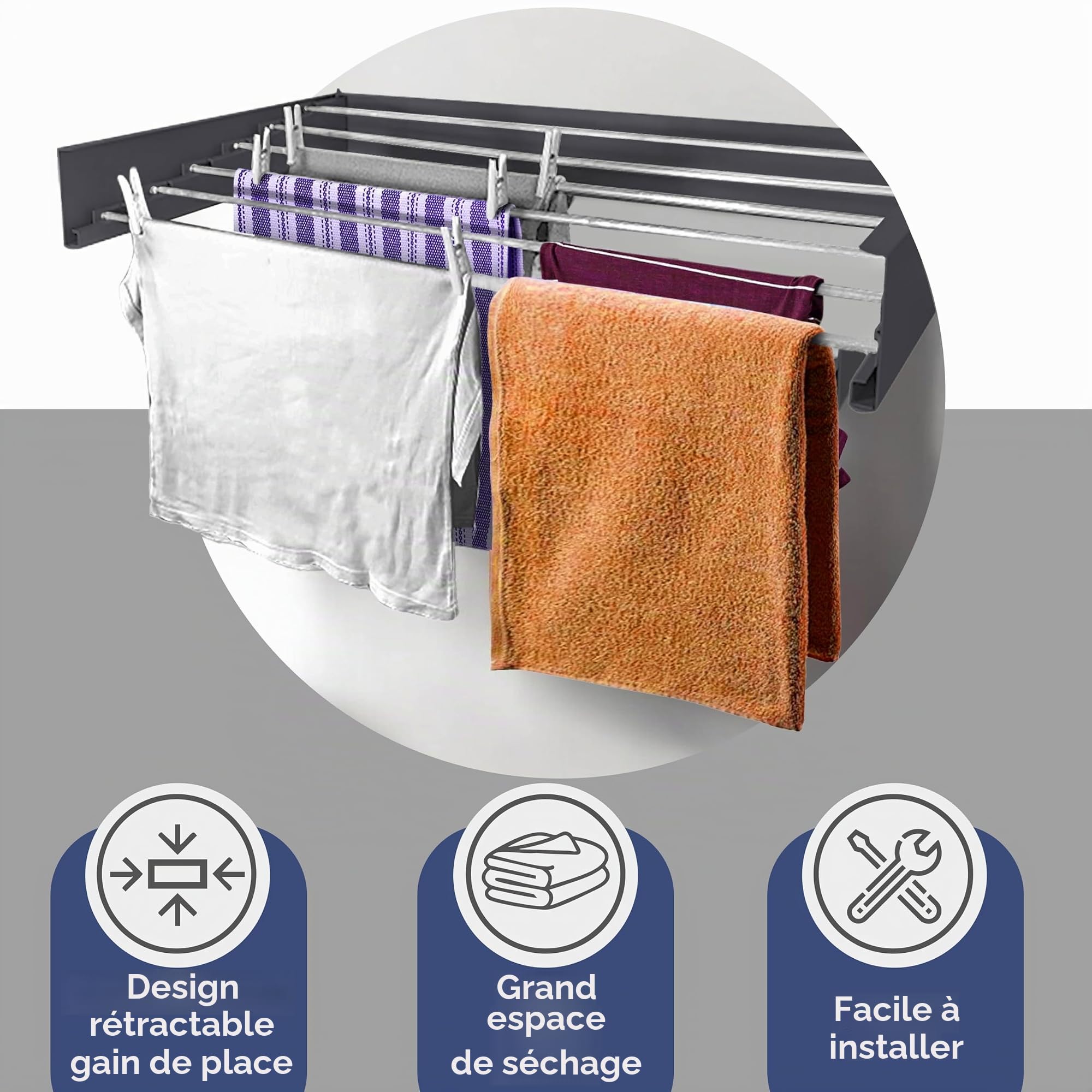 HYK Étendoir à linge mural pliable, capacité de 35 kg, utilisation intérieure et extérieure, facile à installer, étendoir rétractable pour linge, chambre à coucher, jardin (BLANC, 70 cm)
