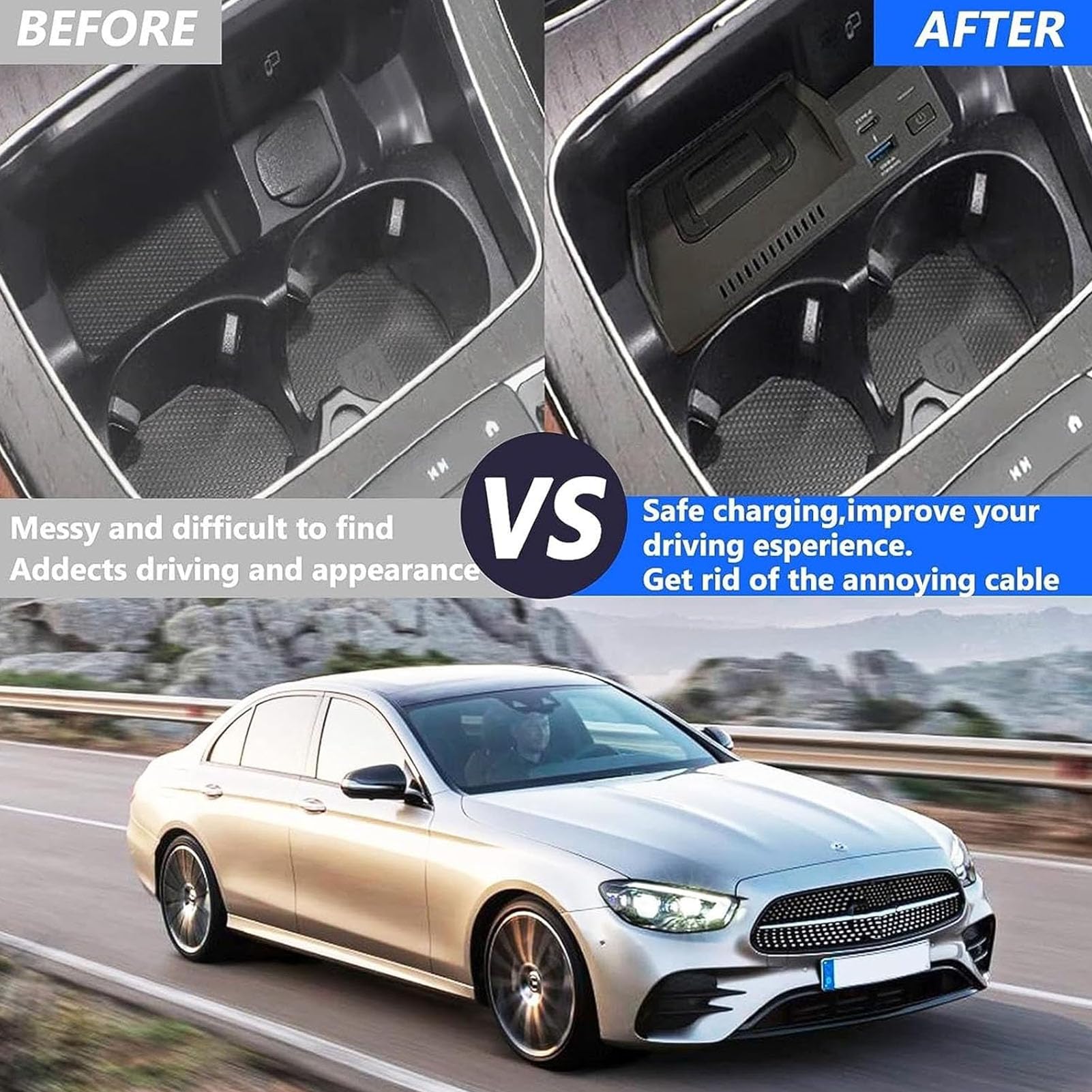 Cargador De Coche Inalámbrico para Mercedes-Benz Clase E 2016-2023 Panel De Accesorios De Consola Central,Cargador Rápido De 15 W para Cualquier Teléfono Habilitado para Qi(Color:Toma móvil)