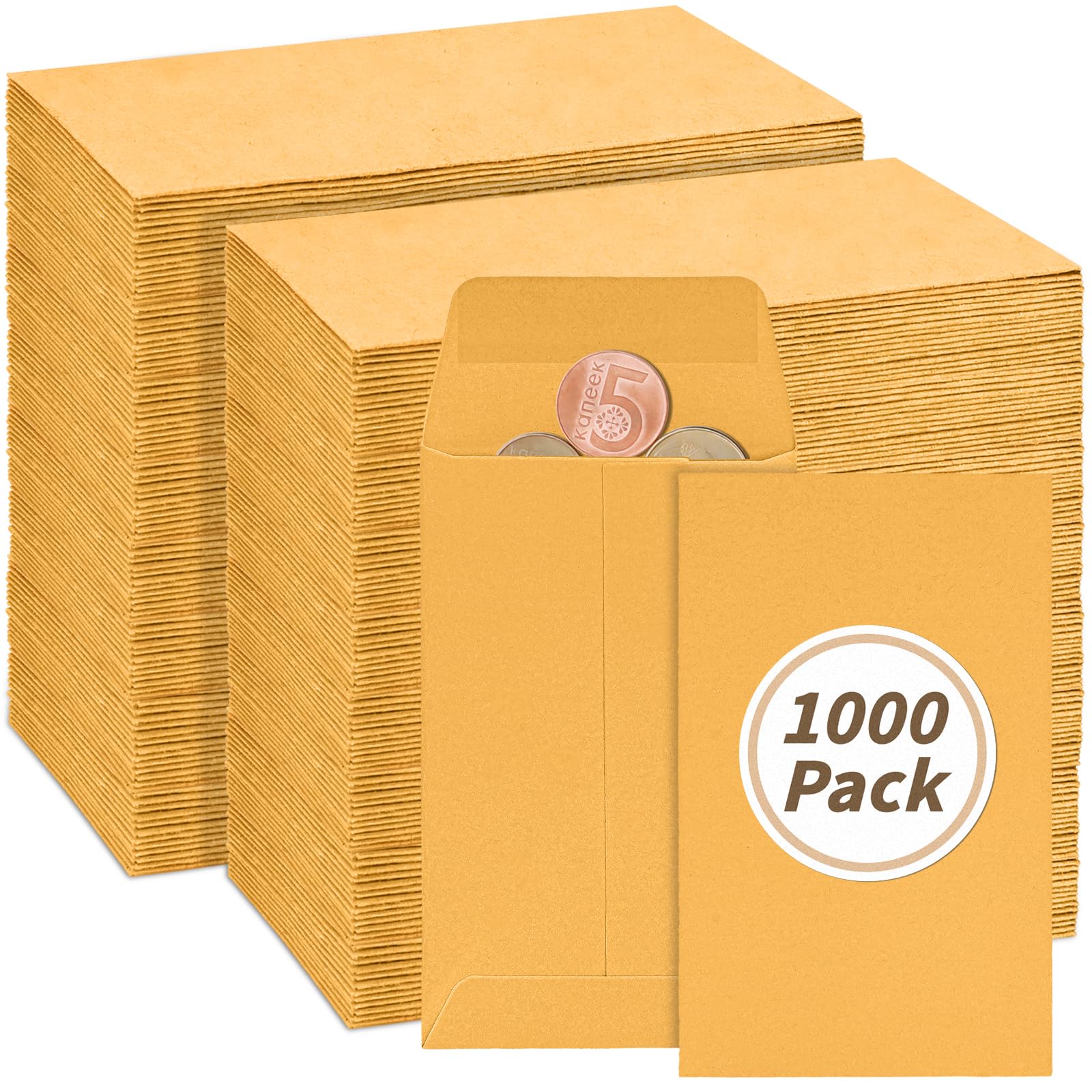 Photo 1 of 1000 Pack Small Coin Envelope 4.25x 2.5in Gold Kraft Money Envelope Small Cash Envelopes Mini Key Envelopes with Gummed Flap for Home and Office Use